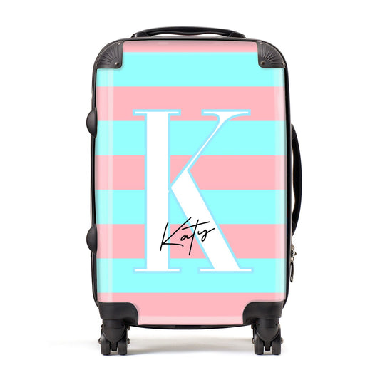 Personalised Blue Pink Striped Initial Suitcase