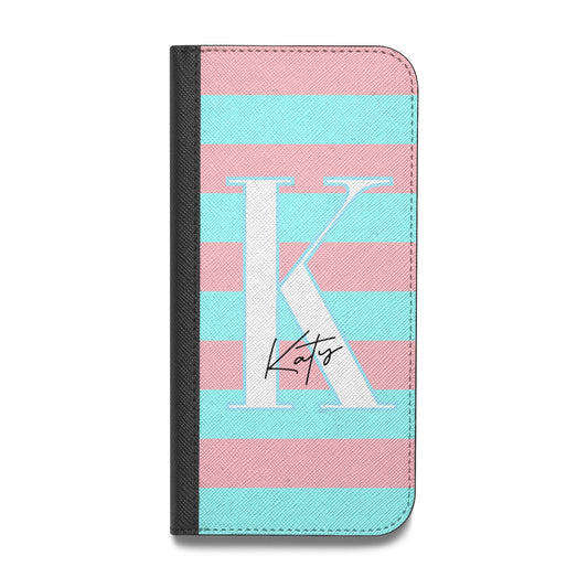 Personalised Blue Pink Striped Initial Vegan Leather Flip iPhone Case