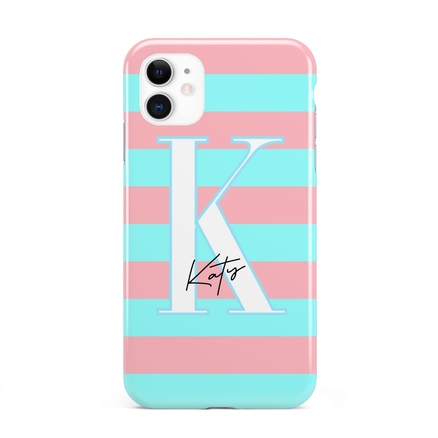 Personalised Blue Pink Striped Initial iPhone 11 3D Tough Case