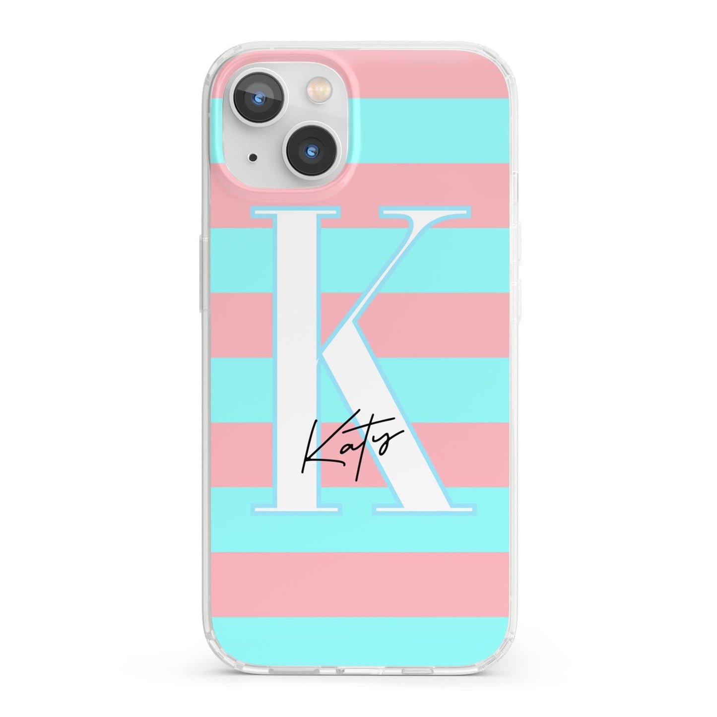 Personalised Blue Pink Striped Initial iPhone 13 Clear Bumper Case