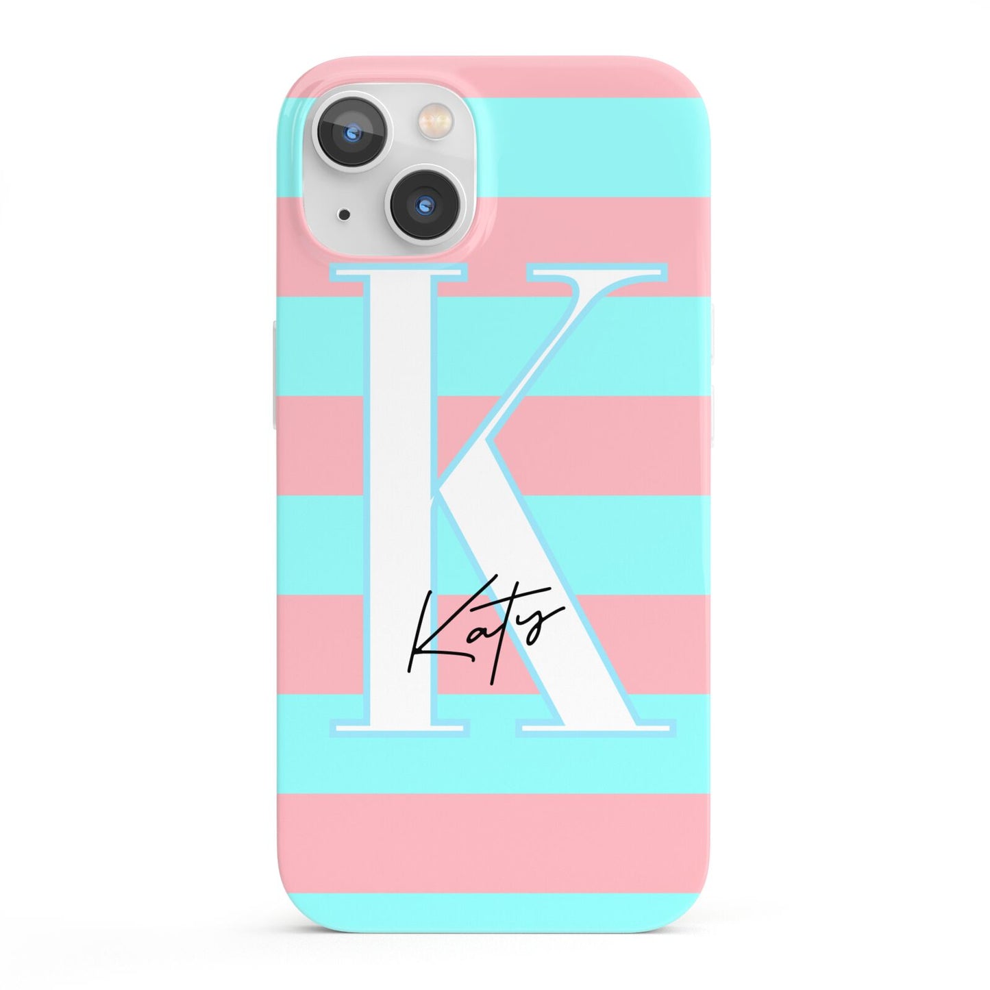 Personalised Blue Pink Striped Initial iPhone 13 Full Wrap 3D Snap Case