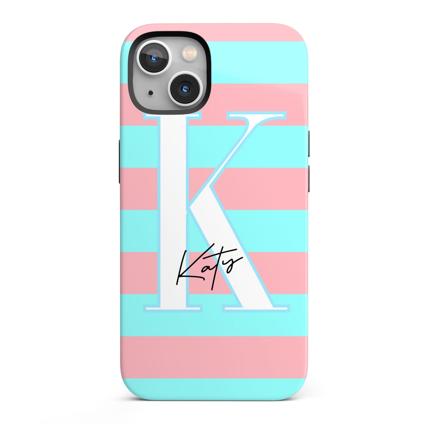 Personalised Blue Pink Striped Initial iPhone 13 Full Wrap 3D Tough Case