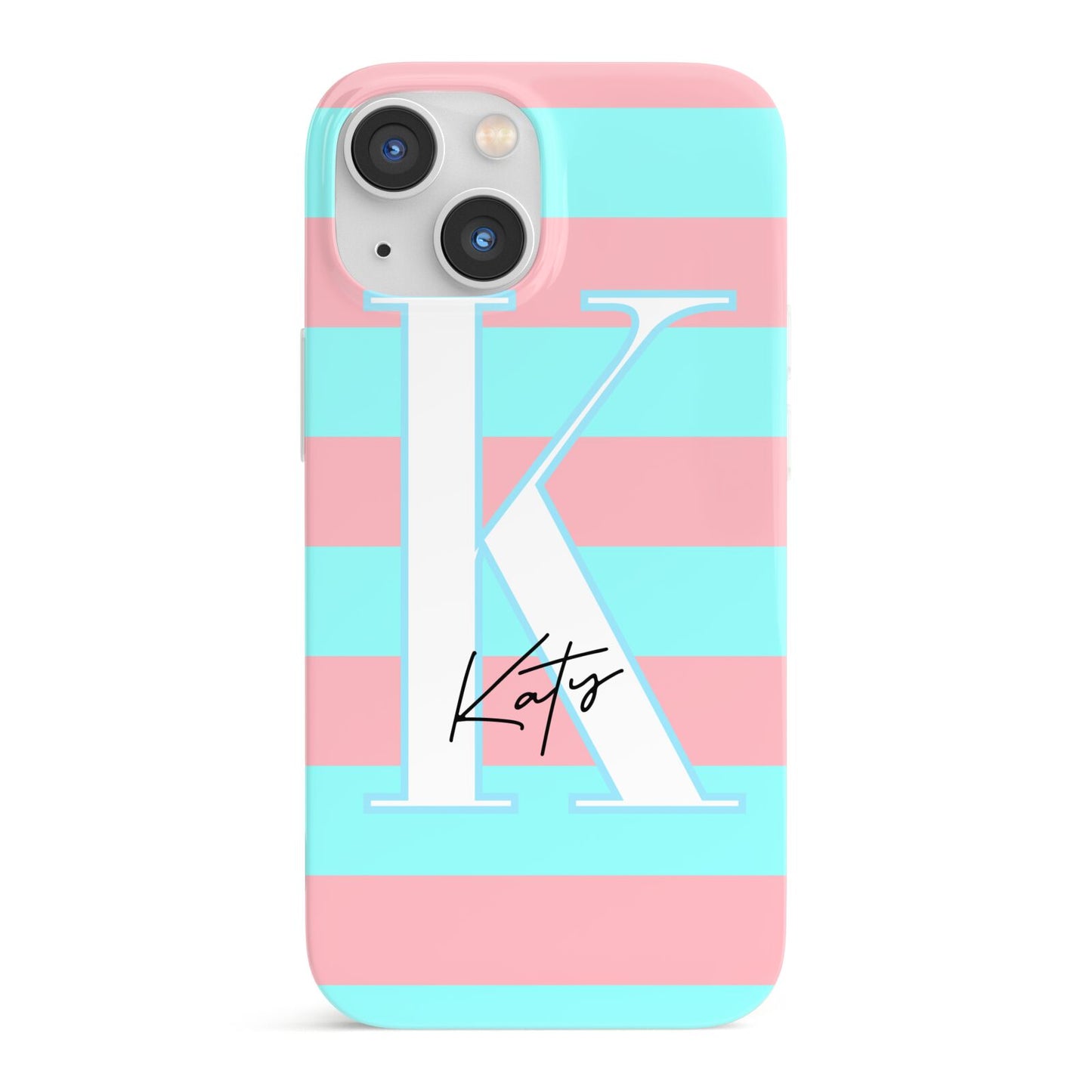 Personalised Blue Pink Striped Initial iPhone 13 Mini Full Wrap 3D Snap Case