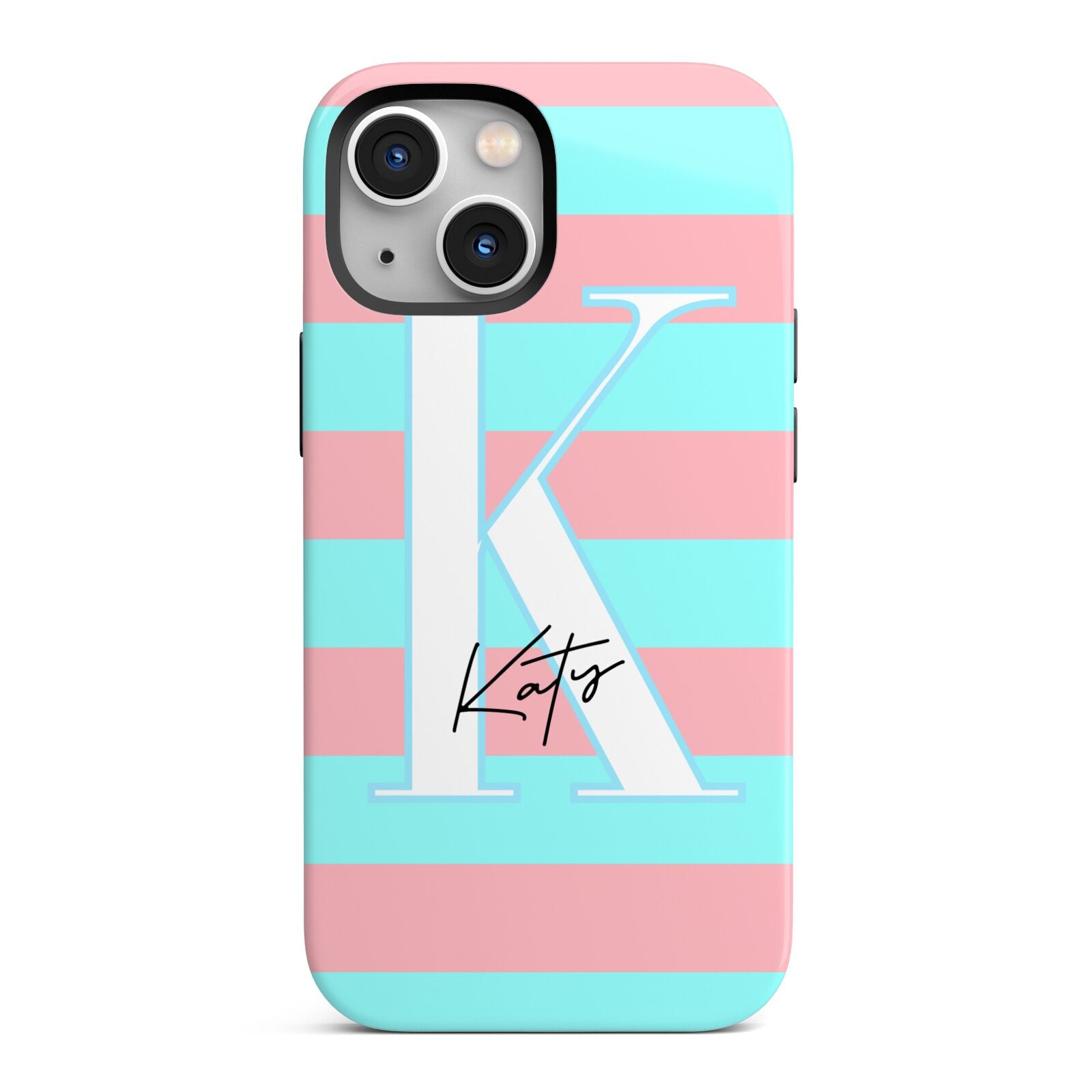 Personalised Blue Pink Striped Initial iPhone 13 Mini Full Wrap 3D Tough Case