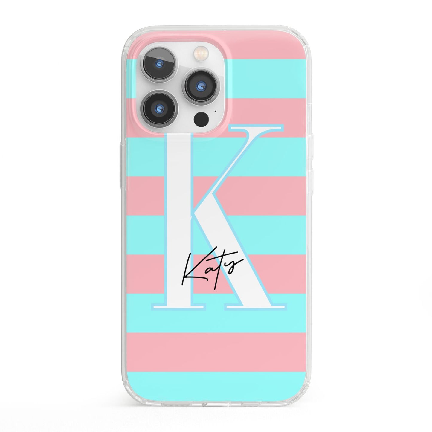 Personalised Blue Pink Striped Initial iPhone 13 Pro Clear Bumper Case