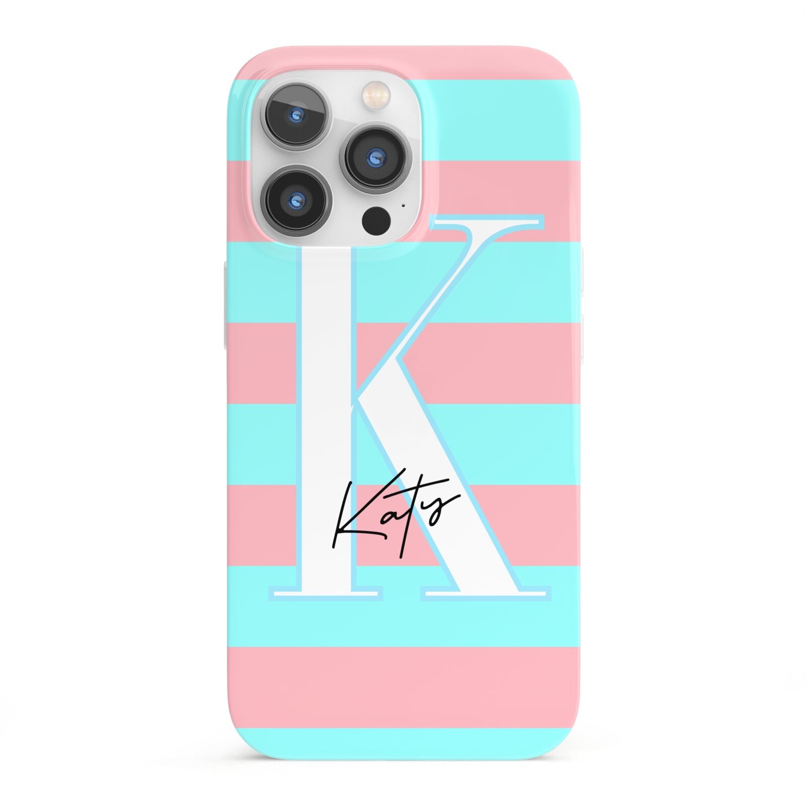 Personalised Blue Pink Striped Initial iPhone 13 Pro Full Wrap 3D Snap Case