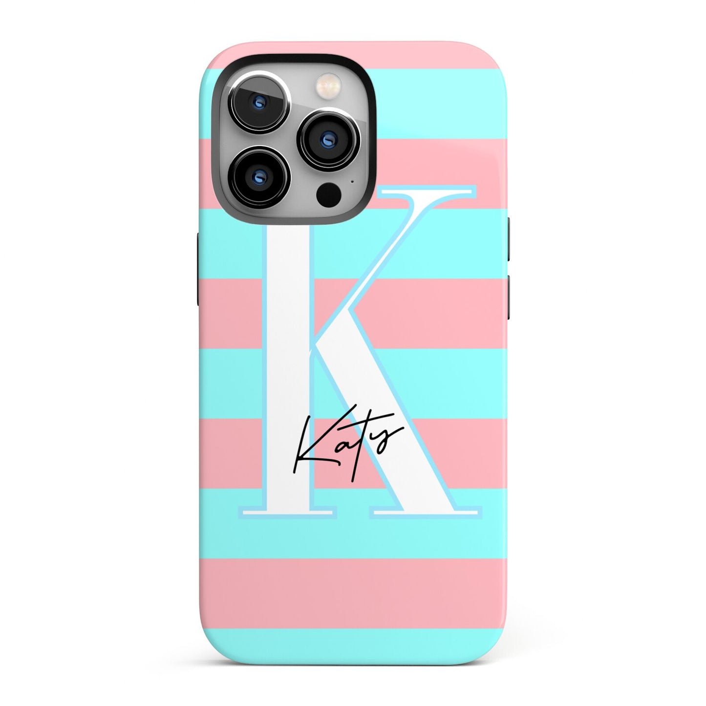 Personalised Blue Pink Striped Initial iPhone 13 Pro Full Wrap 3D Tough Case