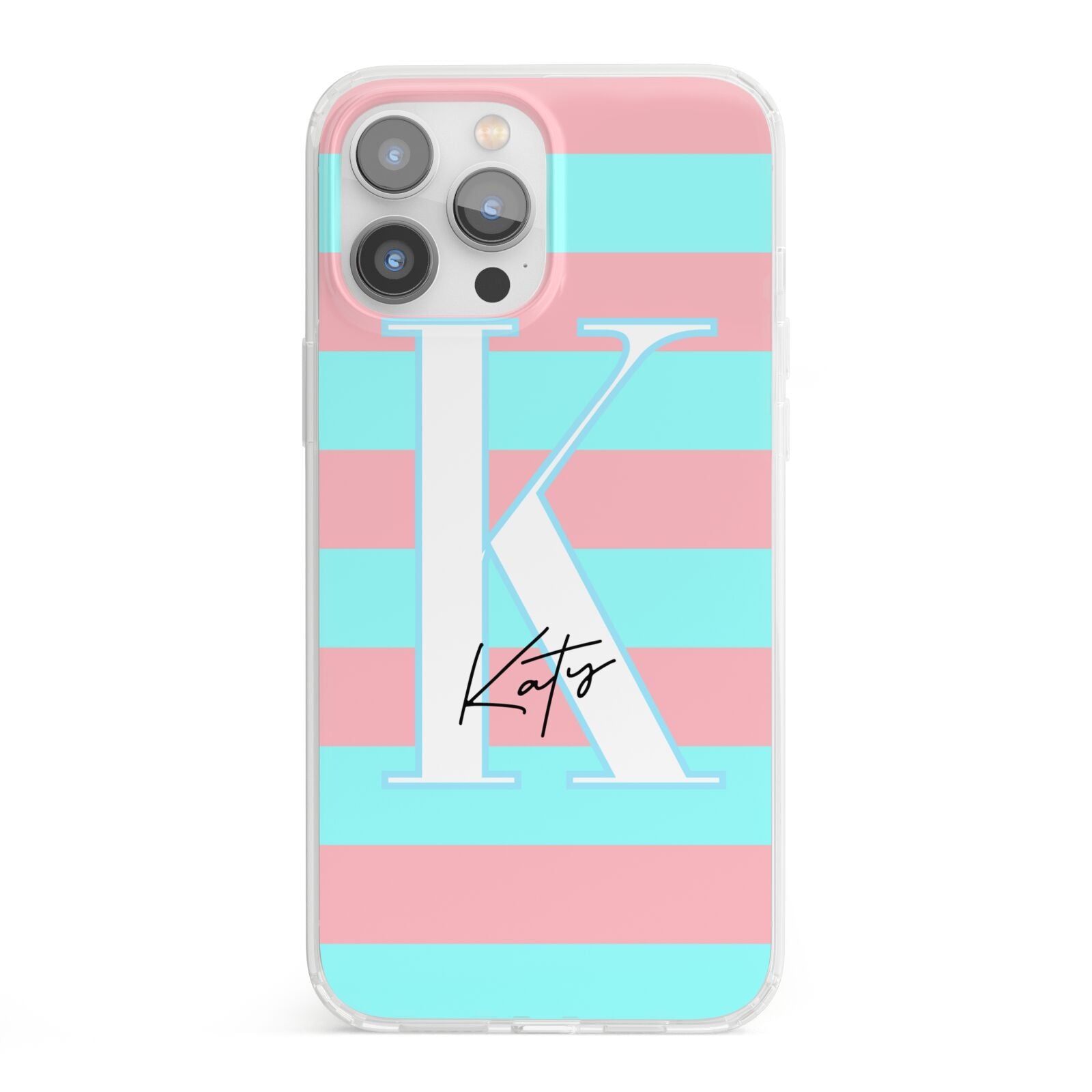 Personalised Blue Pink Striped Initial iPhone 13 Pro Max Clear Bumper Case