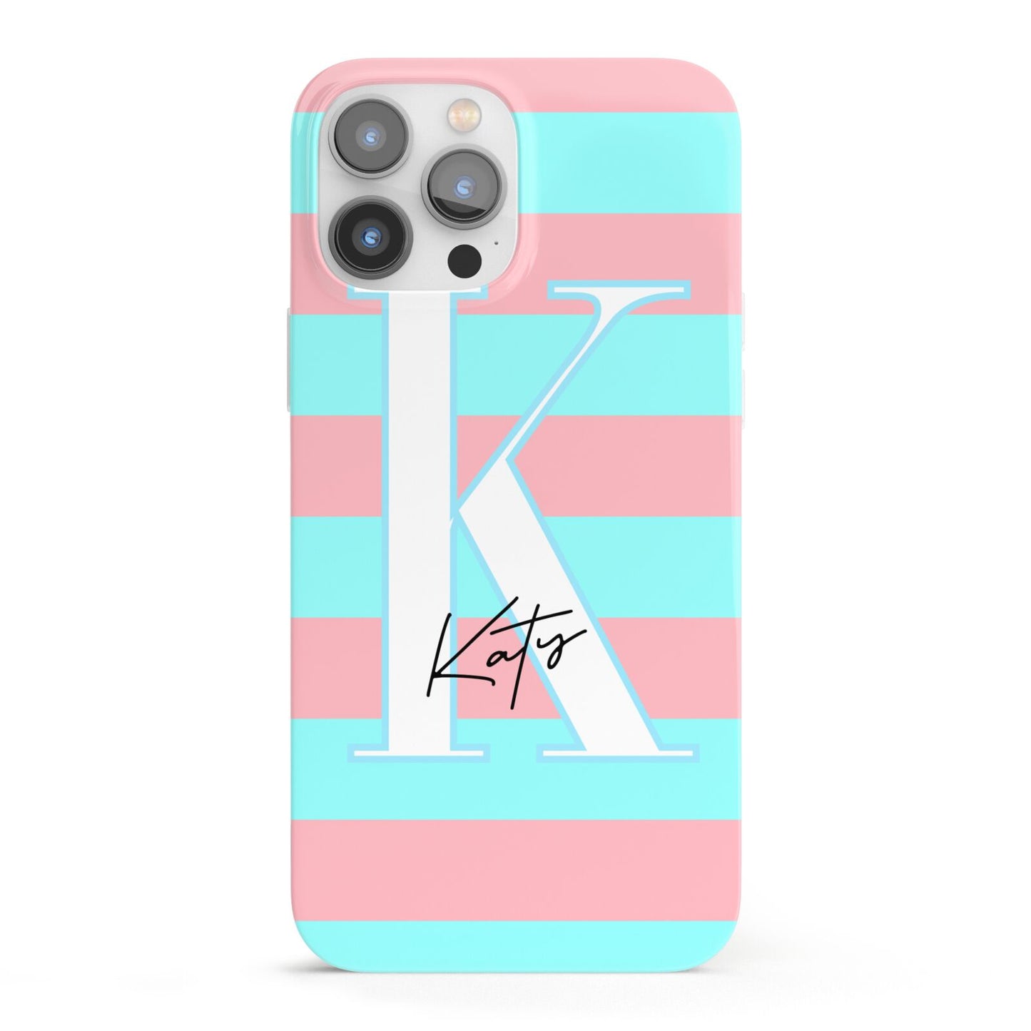 Personalised Blue Pink Striped Initial iPhone 13 Pro Max Full Wrap 3D Snap Case