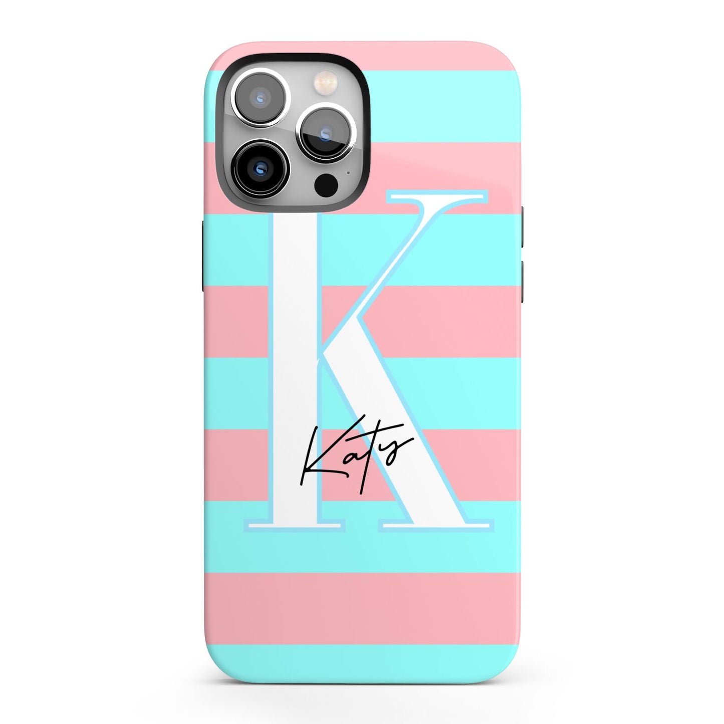 Personalised Blue Pink Striped Initial iPhone 13 Pro Max Full Wrap 3D Tough Case