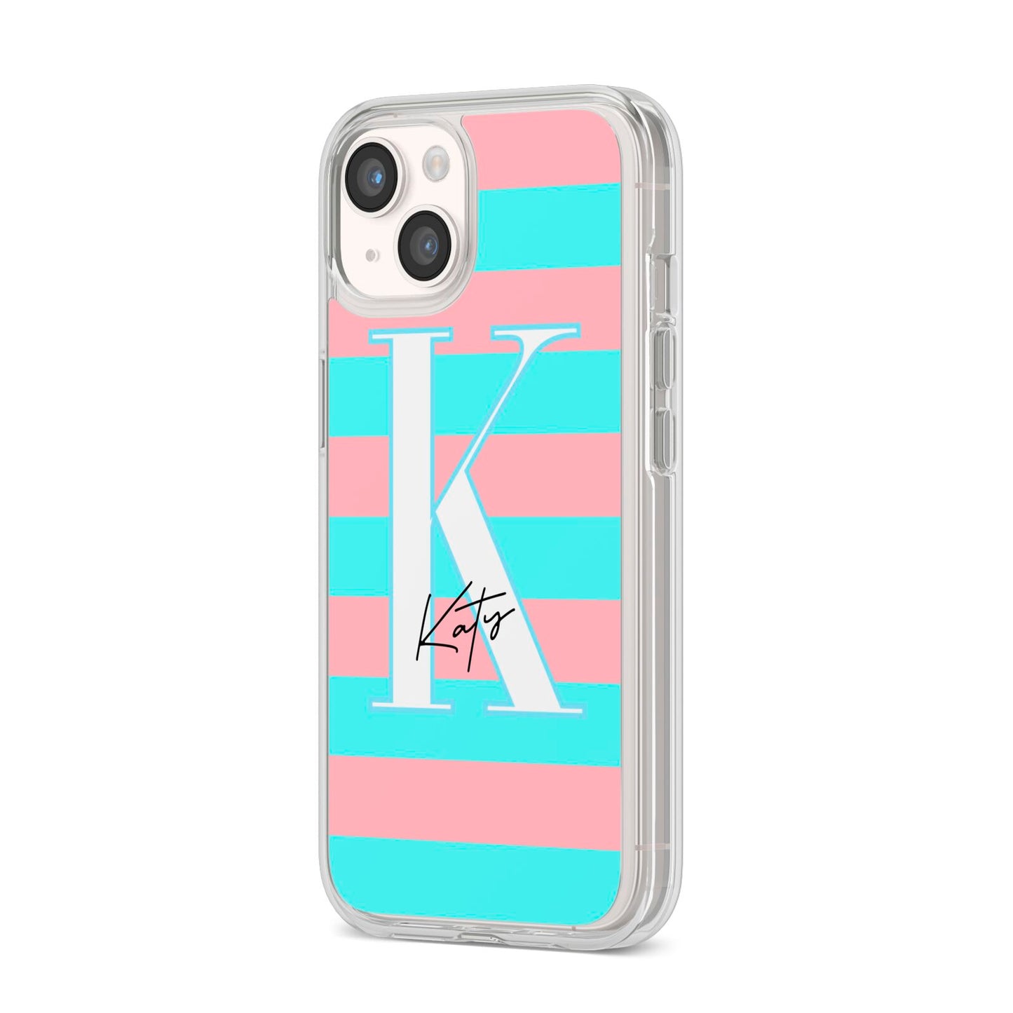 Personalised Blue Pink Striped Initial iPhone 14 Clear Tough Case Starlight Angled Image