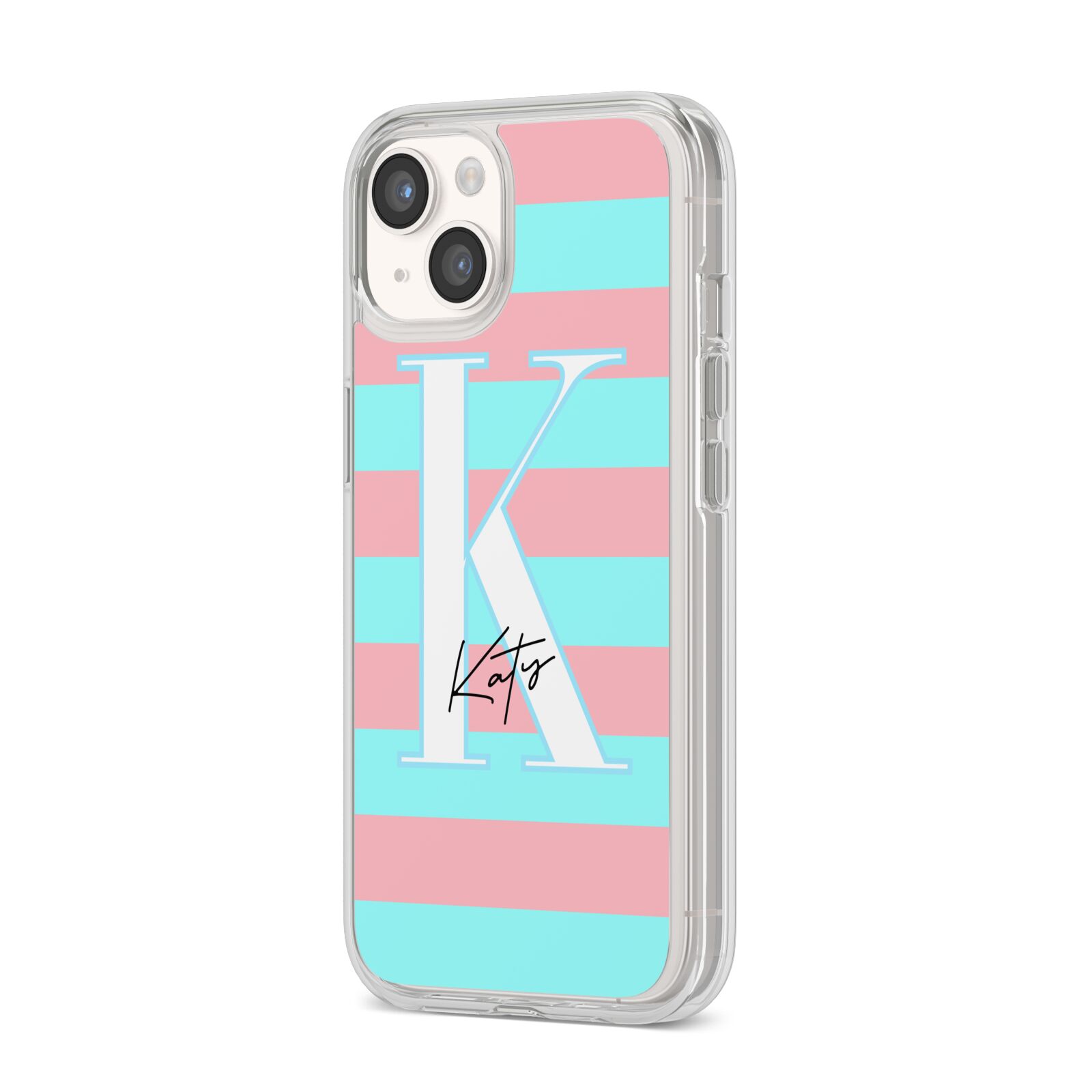 Personalised Blue Pink Striped Initial iPhone 14 Clear Tough Case Starlight Angled Image