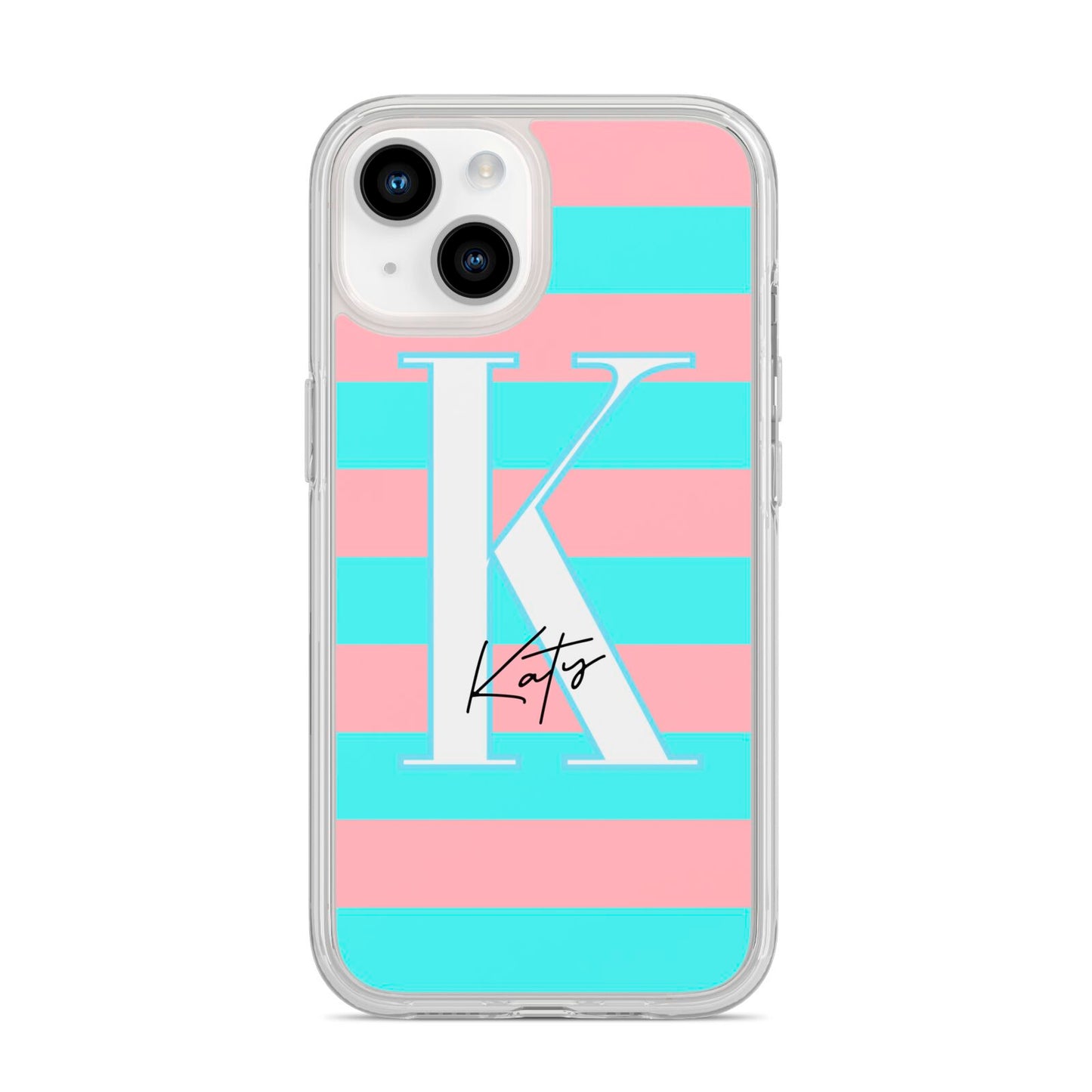 Personalised Blue Pink Striped Initial iPhone 14 Clear Tough Case Starlight