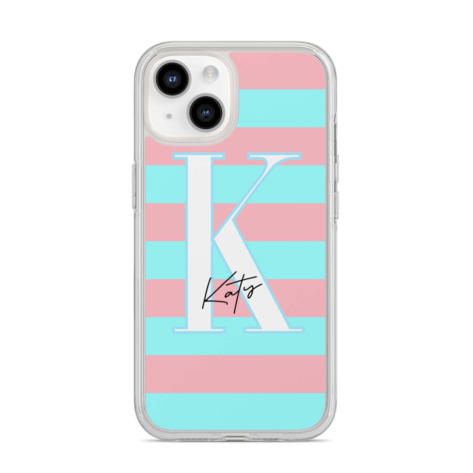 Personalised Blue Pink Striped Initial iPhone 14 Clear Tough Case Starlight