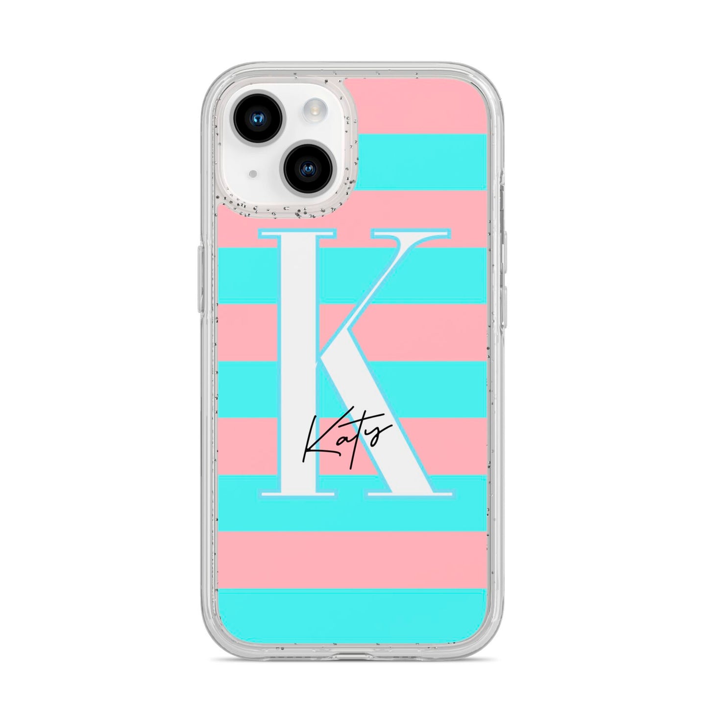 Personalised Blue Pink Striped Initial iPhone 14 Glitter Tough Case Starlight