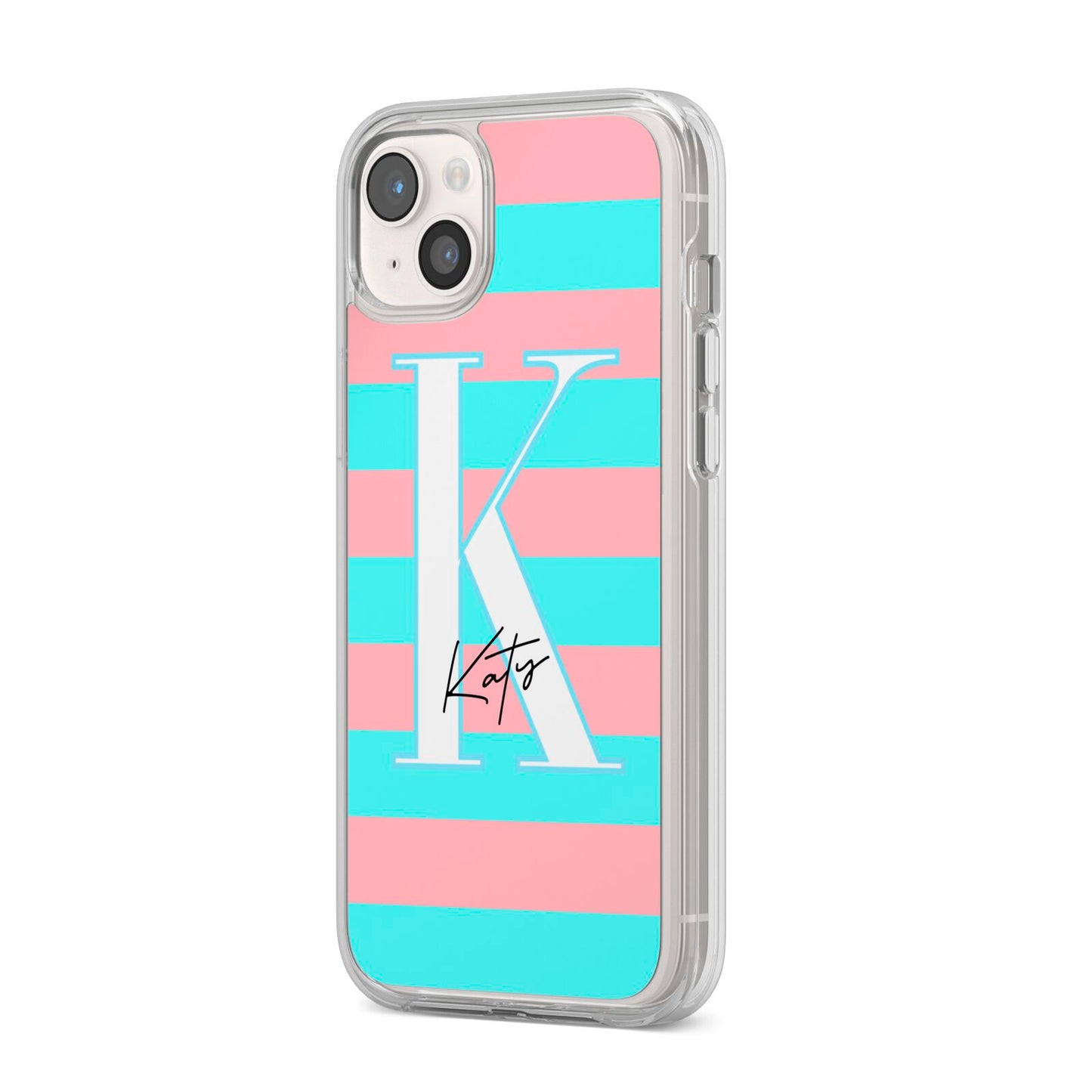 Personalised Blue Pink Striped Initial iPhone 14 Plus Clear Tough Case Starlight Angled Image