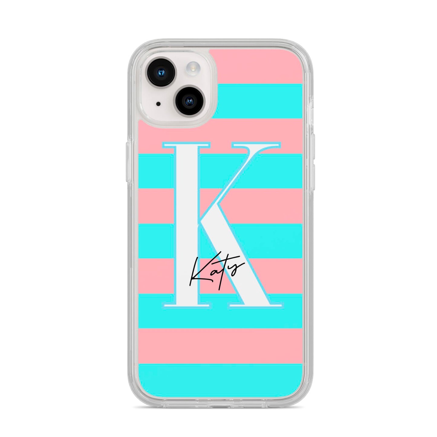 Personalised Blue Pink Striped Initial iPhone 14 Plus Clear Tough Case Starlight