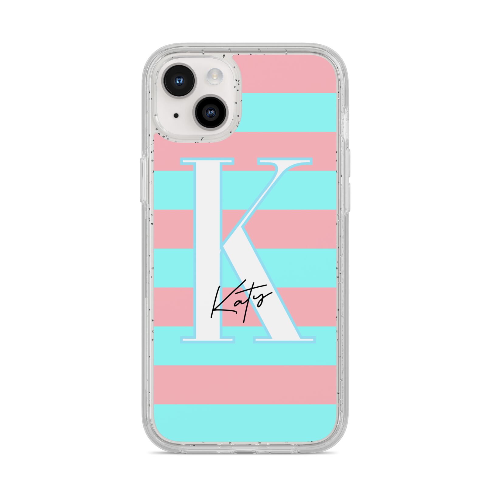 Personalised Blue Pink Striped Initial iPhone 14 Plus Glitter Tough Case Starlight