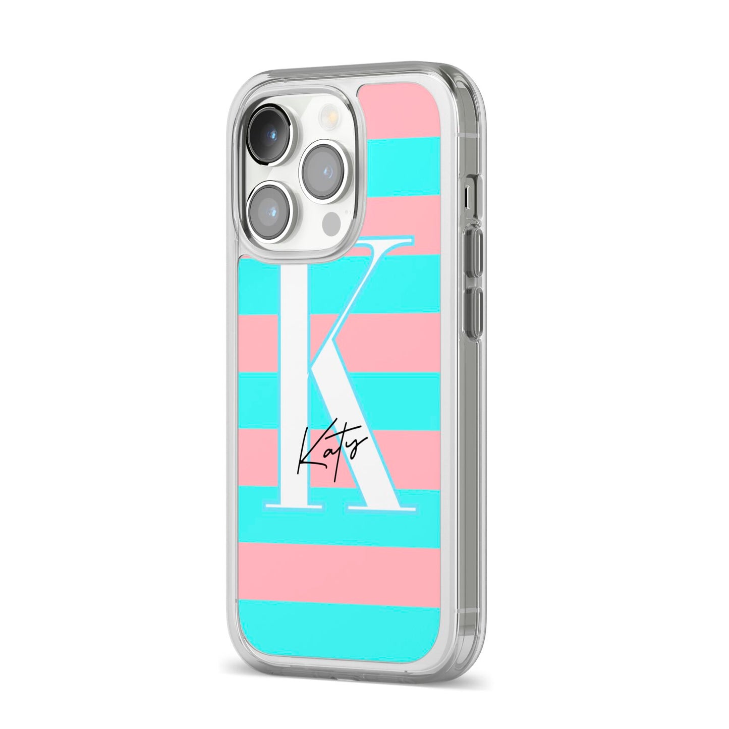 Personalised Blue Pink Striped Initial iPhone 14 Pro Clear Tough Case Silver Angled Image