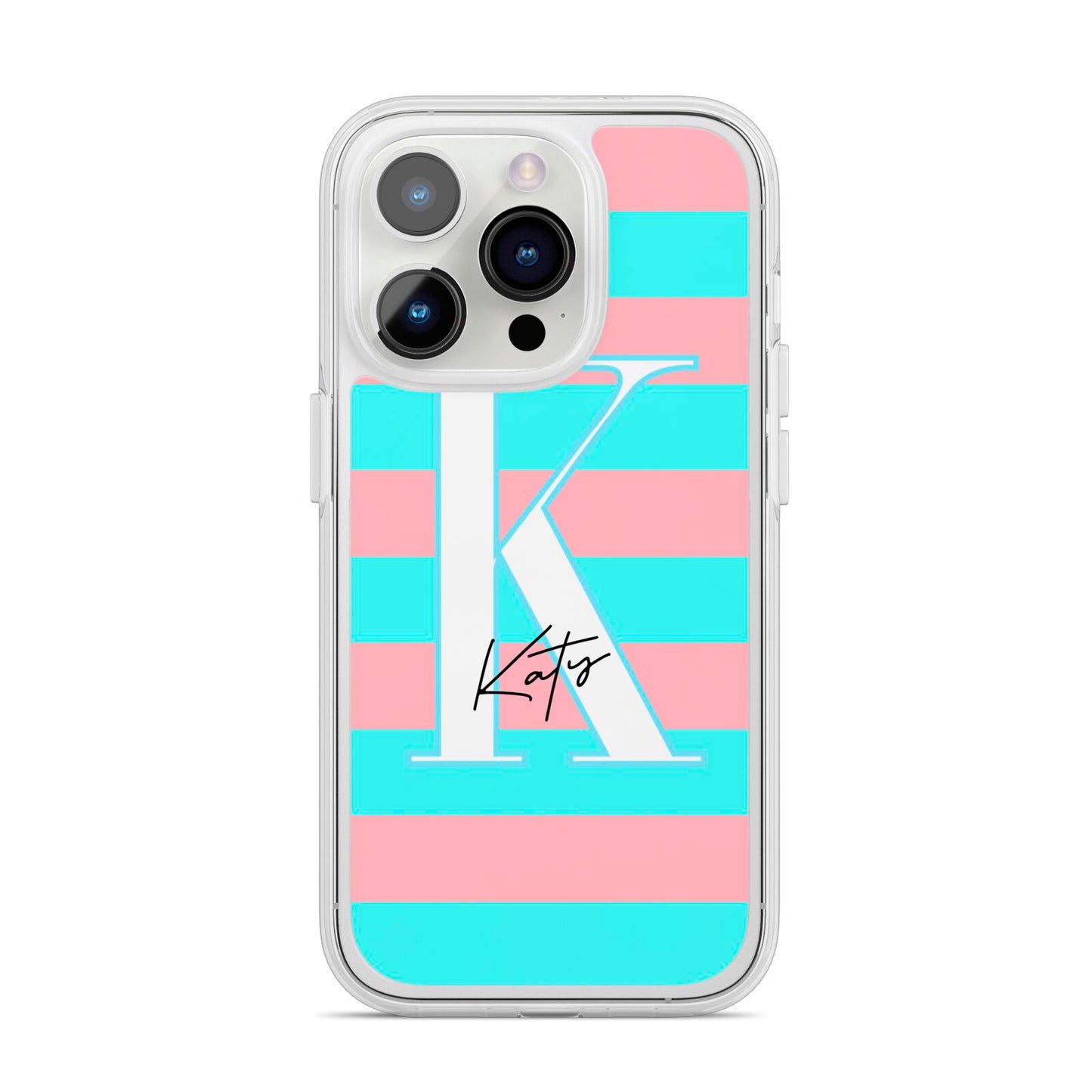 Personalised Blue Pink Striped Initial iPhone 14 Pro Clear Tough Case Silver