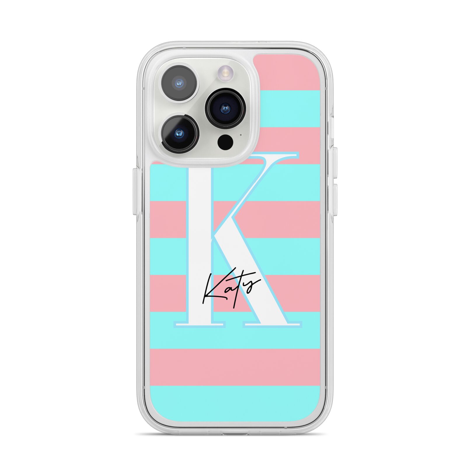 Personalised Blue Pink Striped Initial iPhone 14 Pro Clear Tough Case Silver