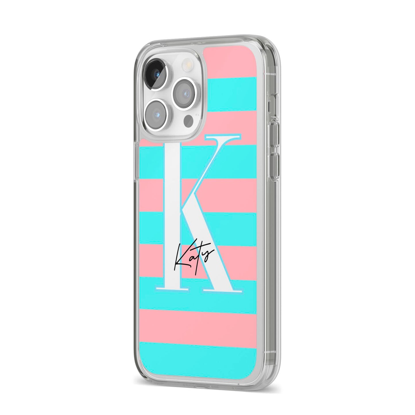 Personalised Blue Pink Striped Initial iPhone 14 Pro Max Clear Tough Case Silver Angled Image