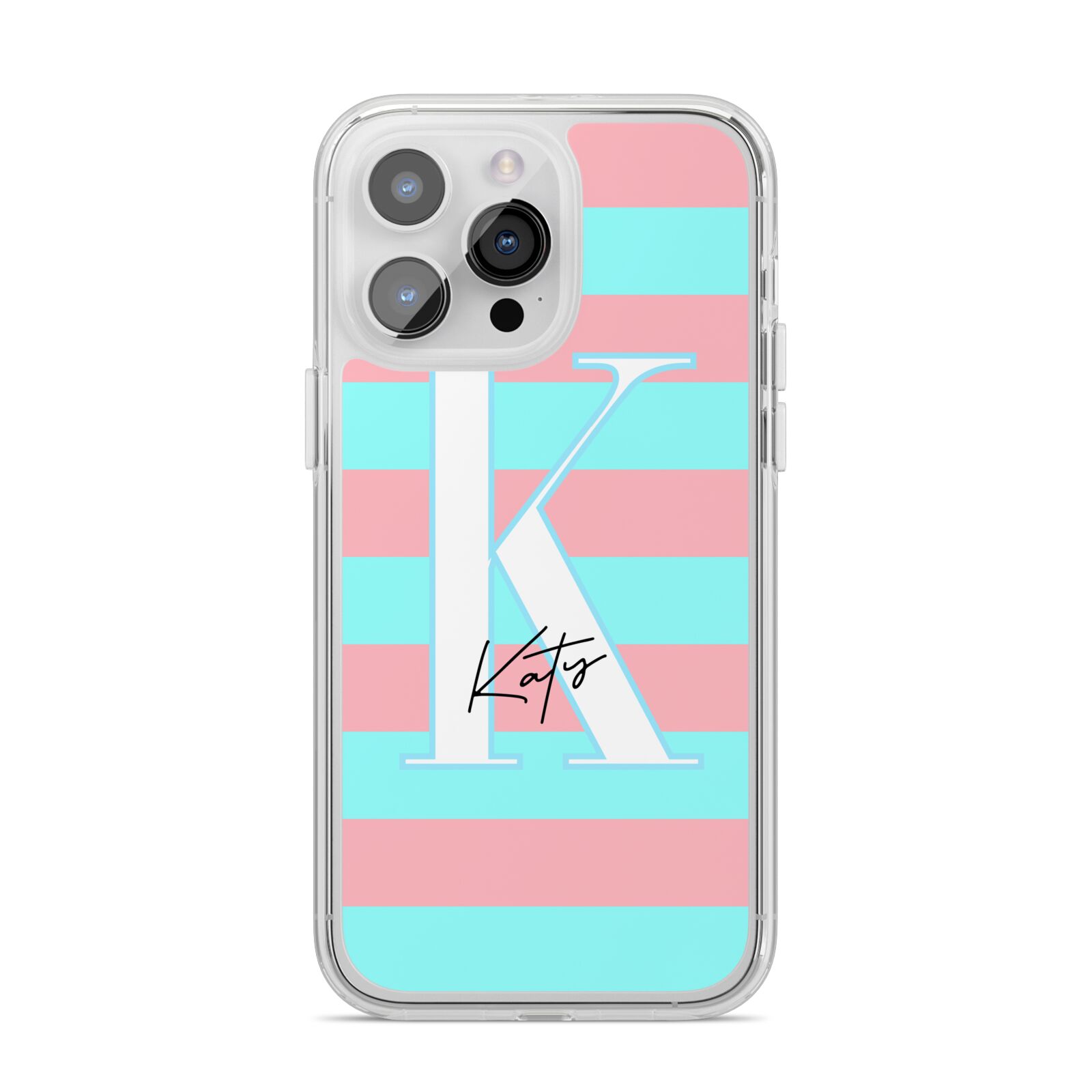 Personalised Blue Pink Striped Initial iPhone 14 Pro Max Clear Tough Case Silver