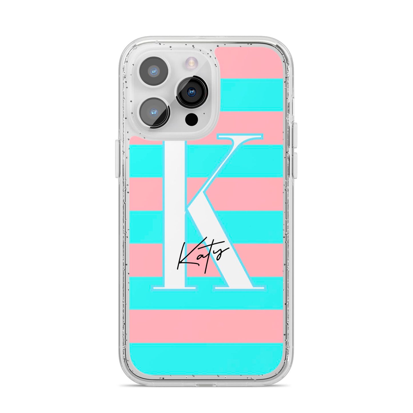 Personalised Blue Pink Striped Initial iPhone 14 Pro Max Glitter Tough Case Silver