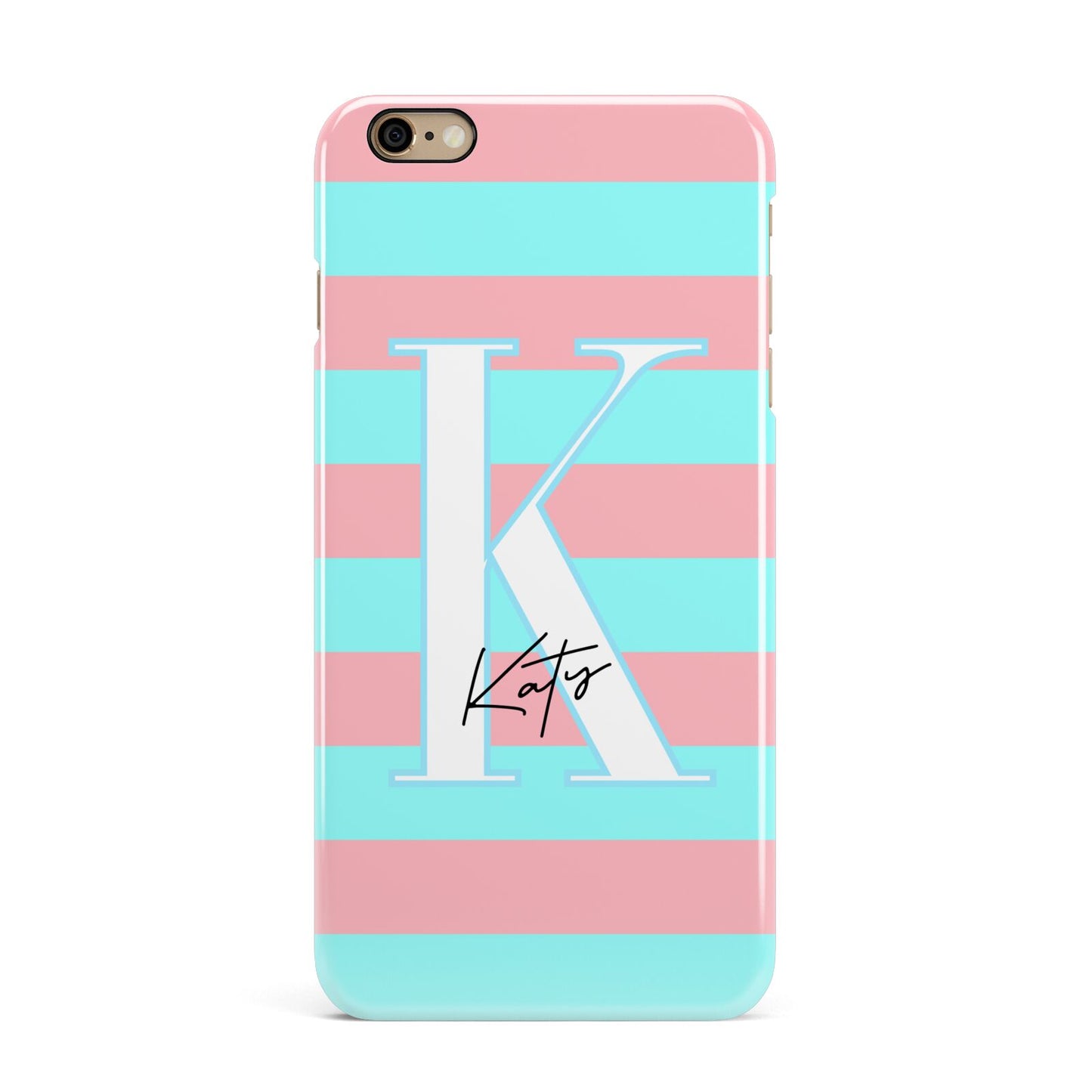 Personalised Blue Pink Striped Initial iPhone 6 Plus 3D Snap Case on Gold Phone