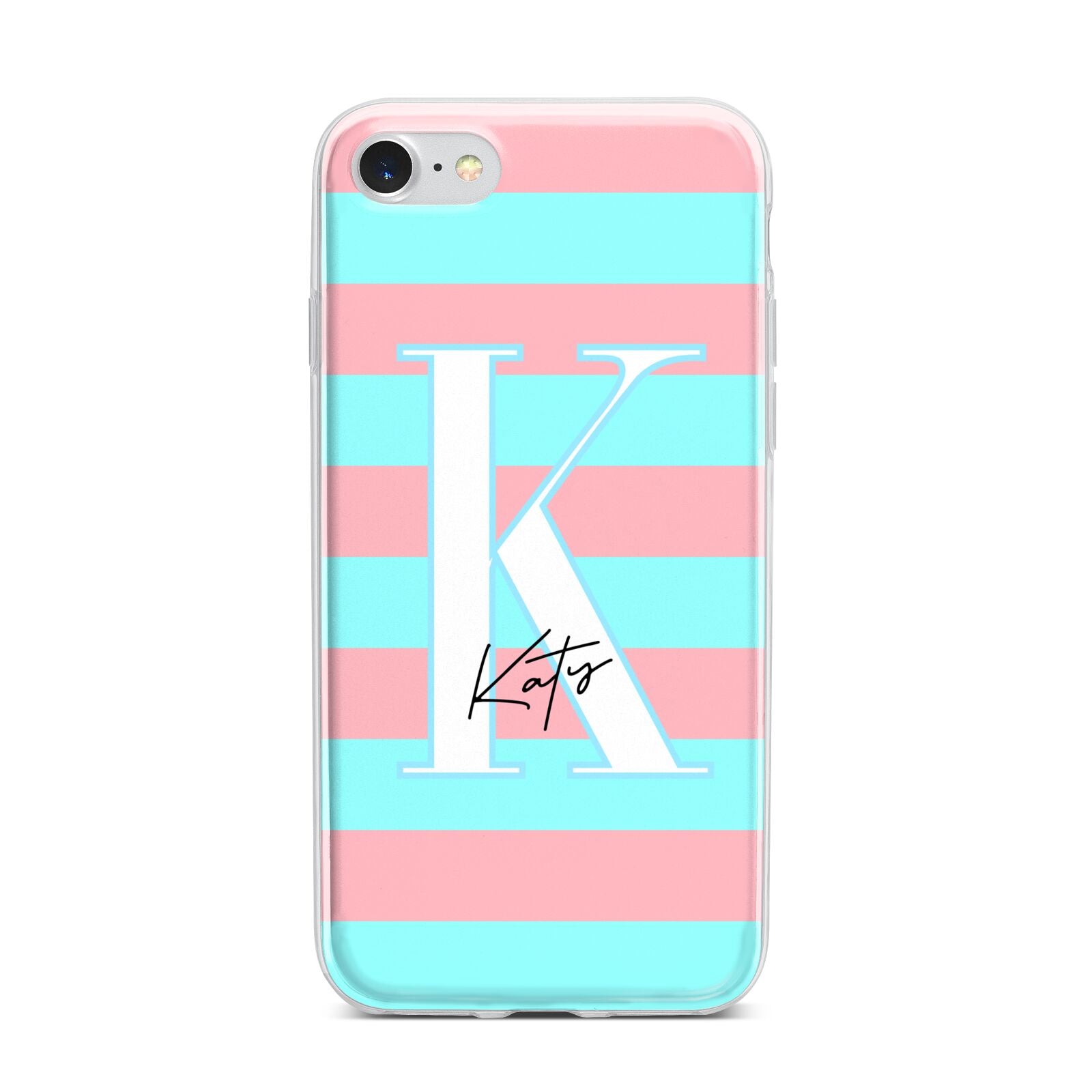 Personalised Blue Pink Striped Initial iPhone 7 Bumper Case on Silver iPhone