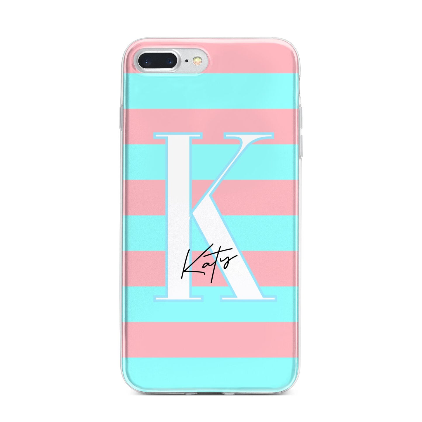 Personalised Blue Pink Striped Initial iPhone 7 Plus Bumper Case on Silver iPhone