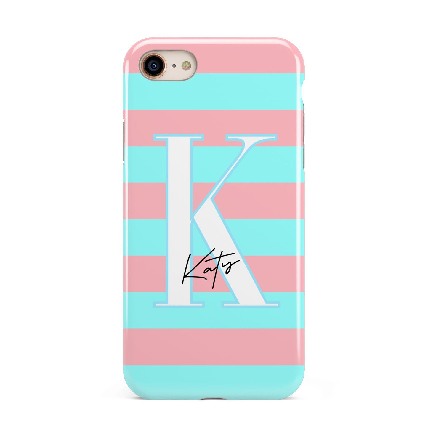 Personalised Blue Pink Striped Initial iPhone 8 3D Tough Case on Gold Phone