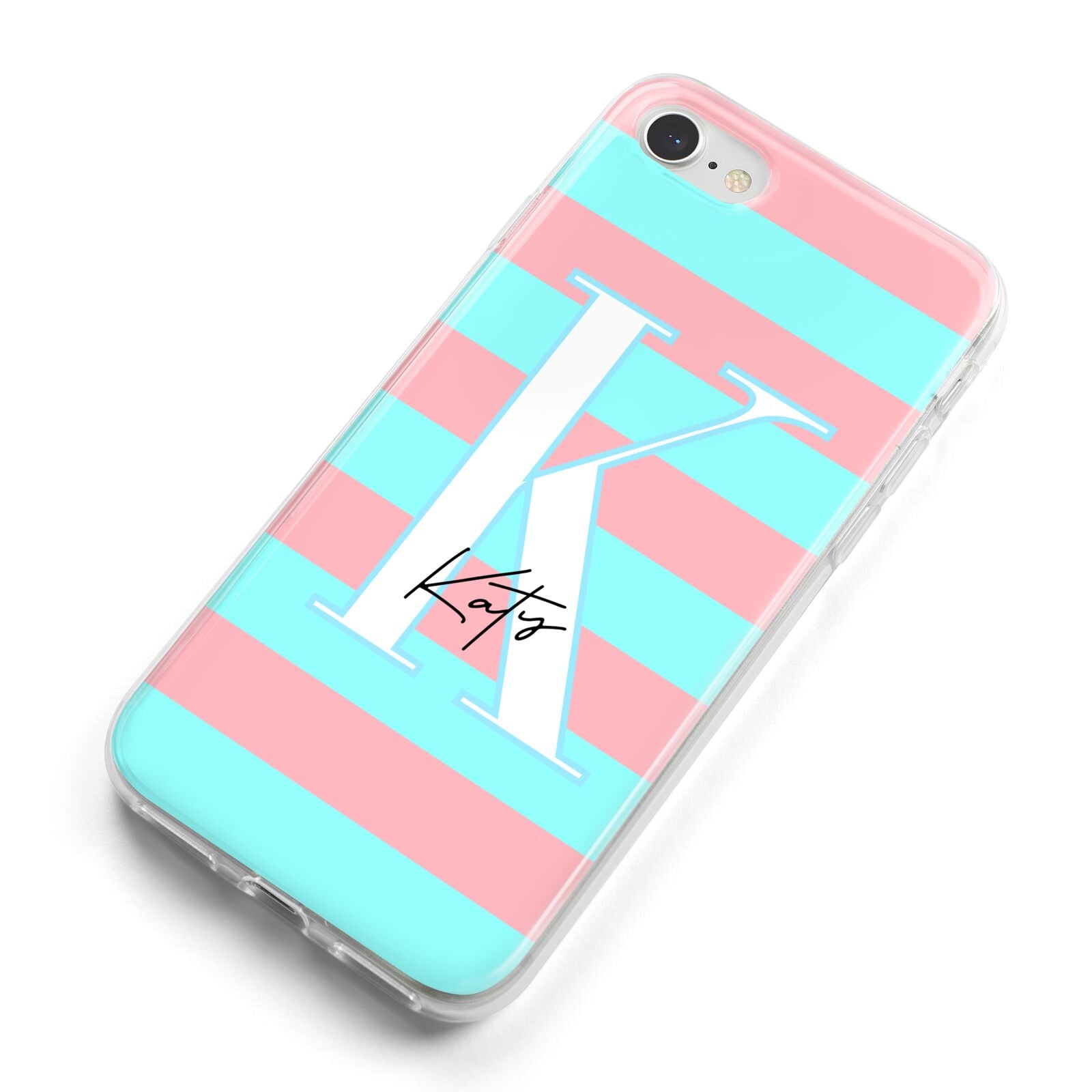 Personalised Blue Pink Striped Initial iPhone 8 Bumper Case on Silver iPhone Alternative Image