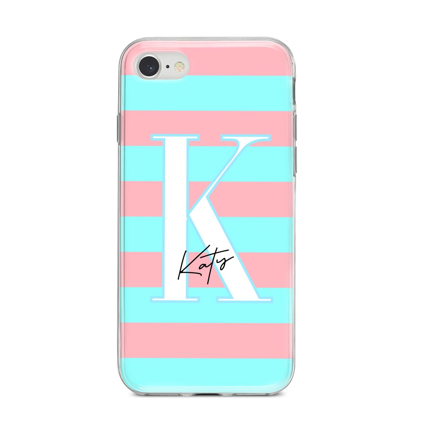 Personalised Blue Pink Striped Initial iPhone 8 Bumper Case on Silver iPhone