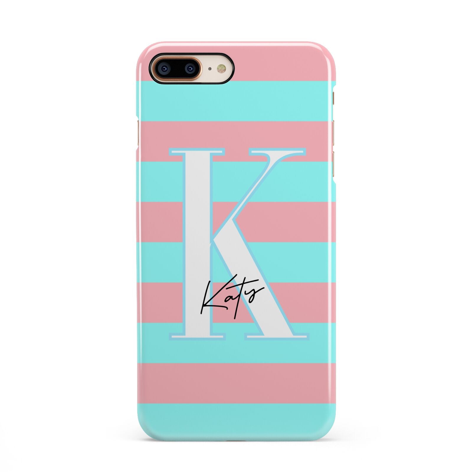 Personalised Blue Pink Striped Initial iPhone 8 Plus 3D Snap Case on Gold Phone