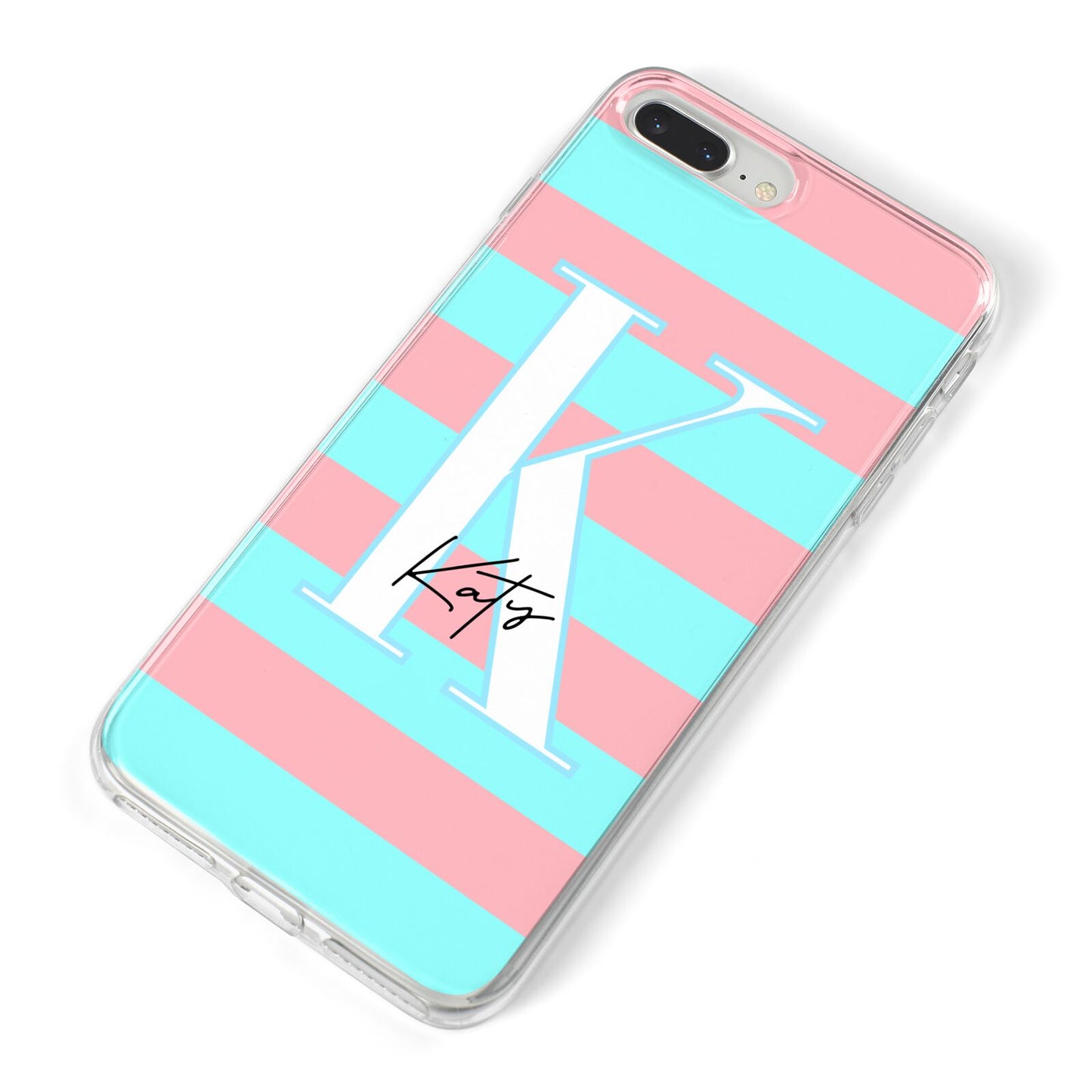 Personalised Blue Pink Striped Initial iPhone 8 Plus Bumper Case on Silver iPhone Alternative Image