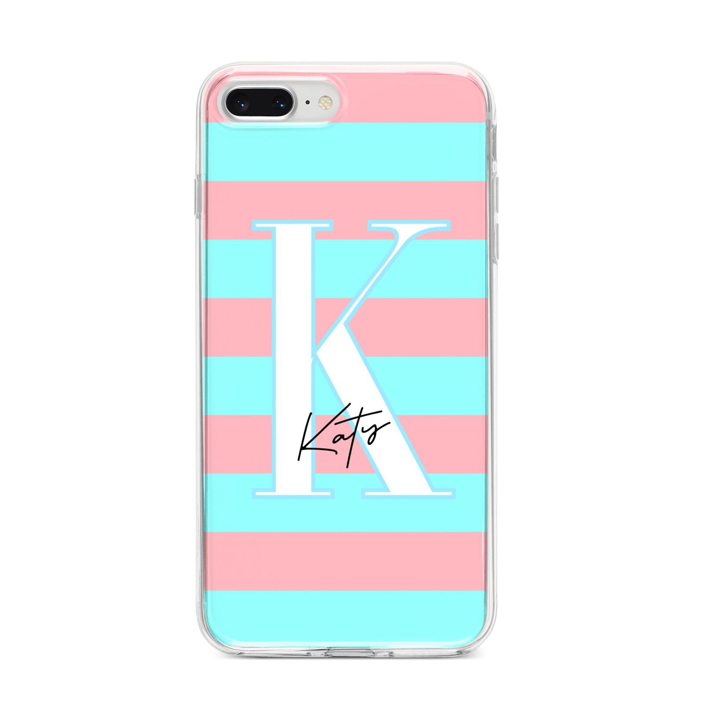 Personalised Blue Pink Striped Initial iPhone 8 Plus Bumper Case on Silver iPhone