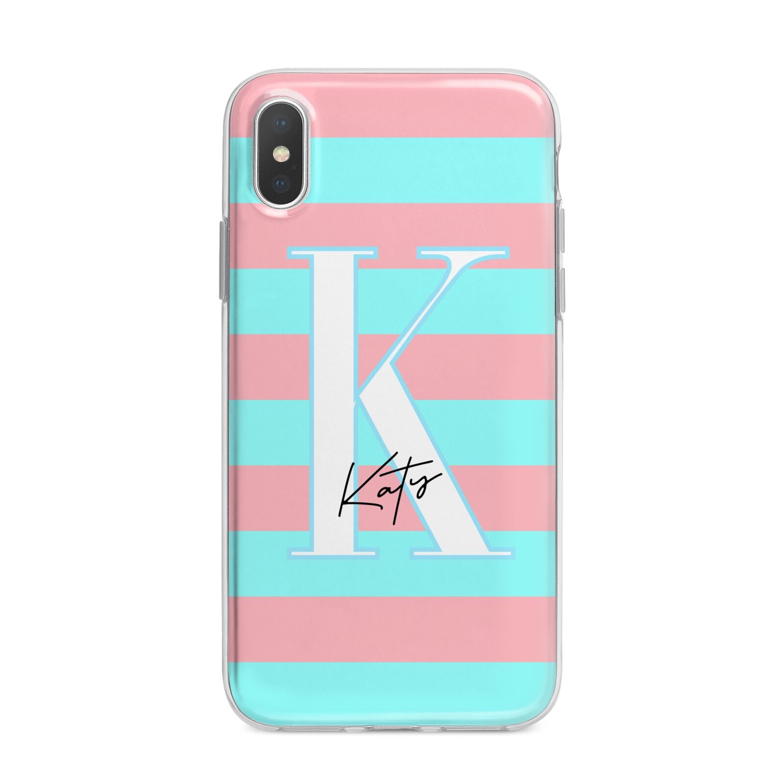 Personalised Blue Pink Striped Initial iPhone X Bumper Case on Silver iPhone Alternative Image 1