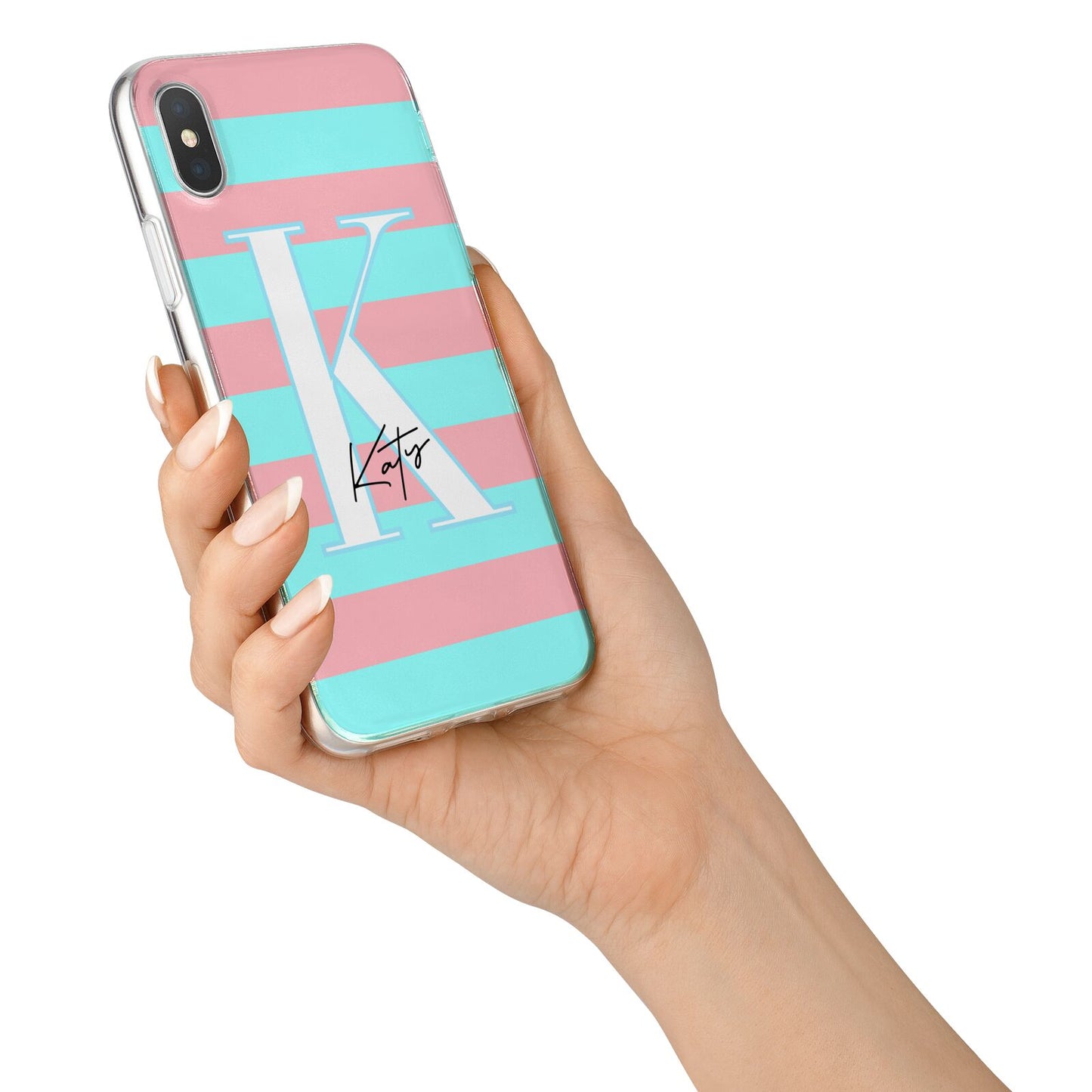 Personalised Blue Pink Striped Initial iPhone X Bumper Case on Silver iPhone Alternative Image 2