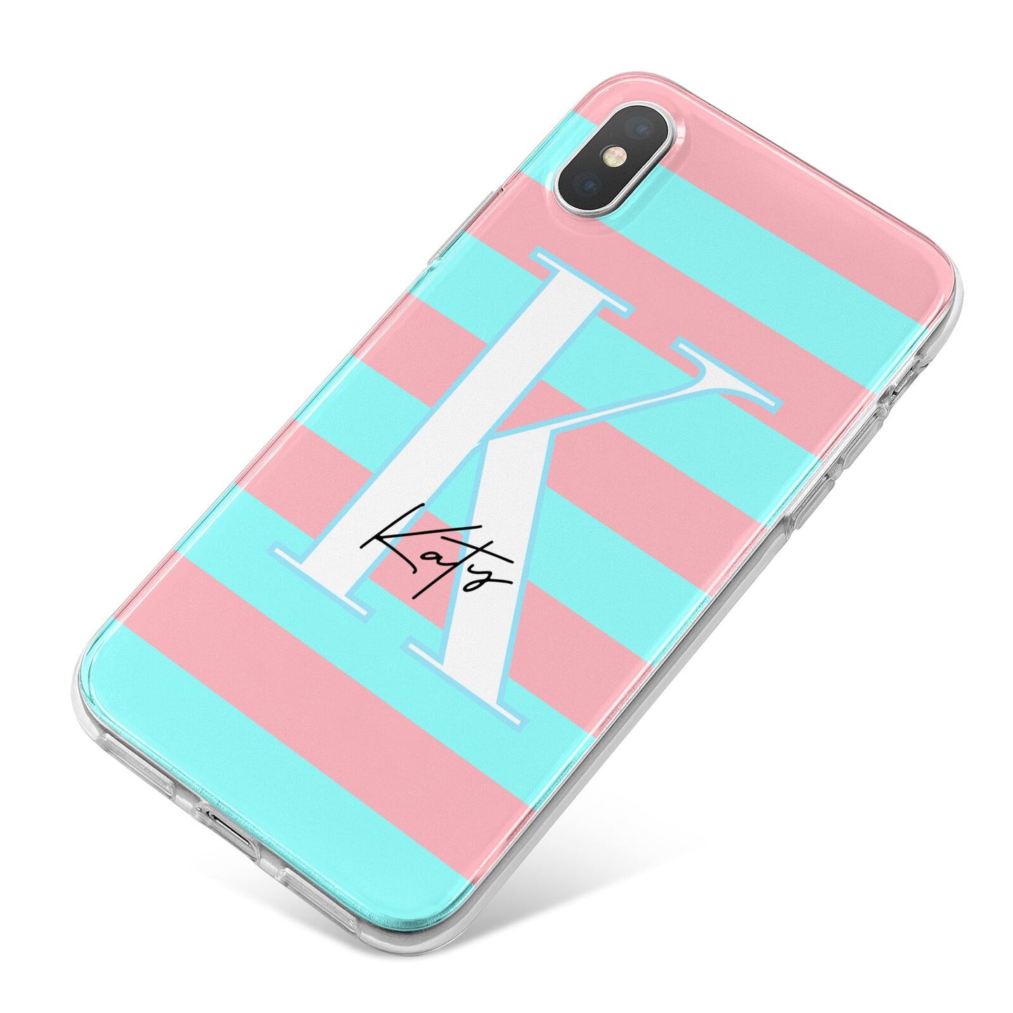 Personalised Blue Pink Striped Initial iPhone X Bumper Case on Silver iPhone