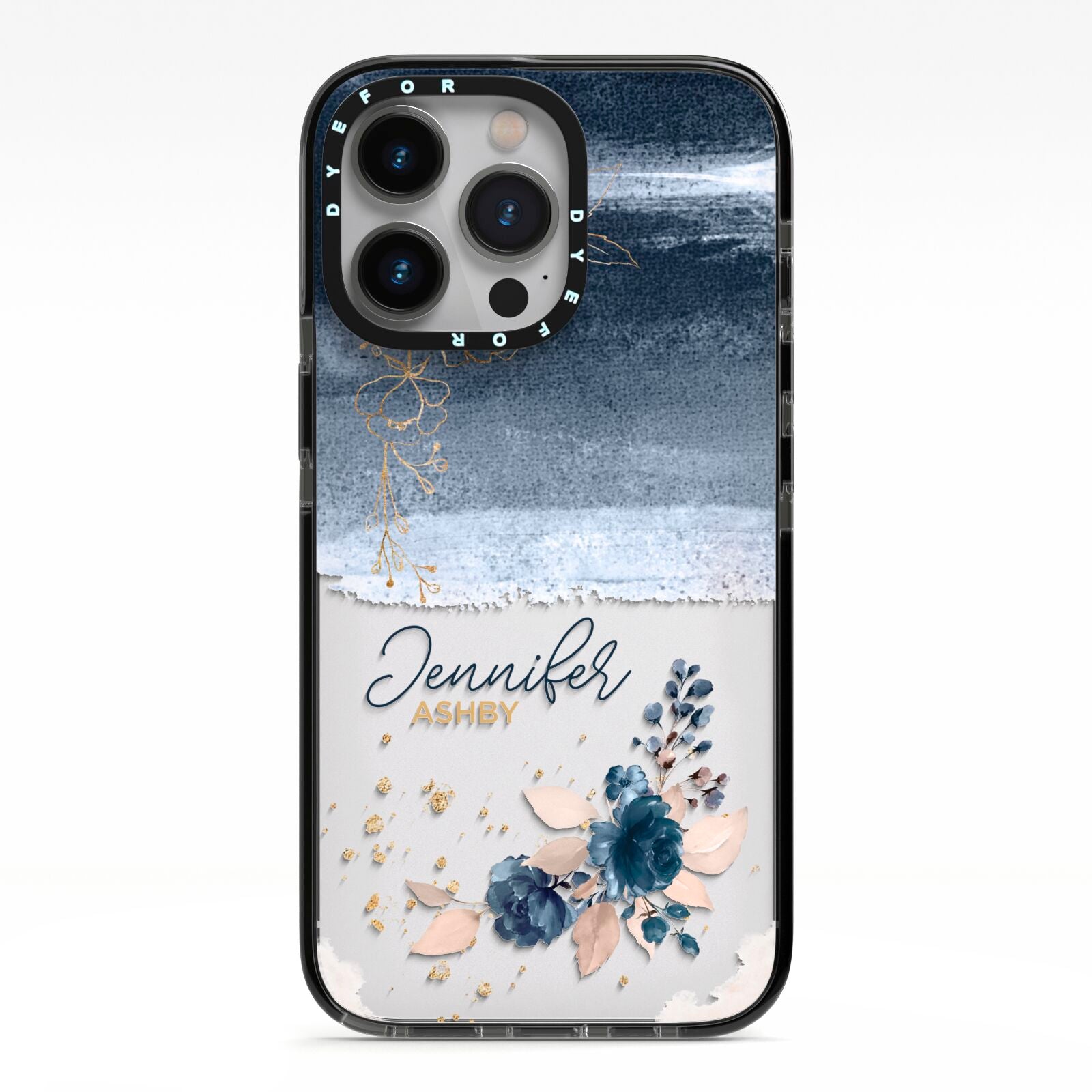 Personalised Blue Pink Watercolour iPhone 13 Pro Black Impact Case on Silver phone