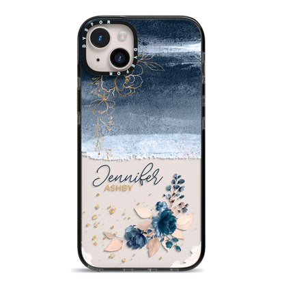 Personalised Blue Pink Watercolour iPhone 14 Plus Black Impact Case on Silver phone