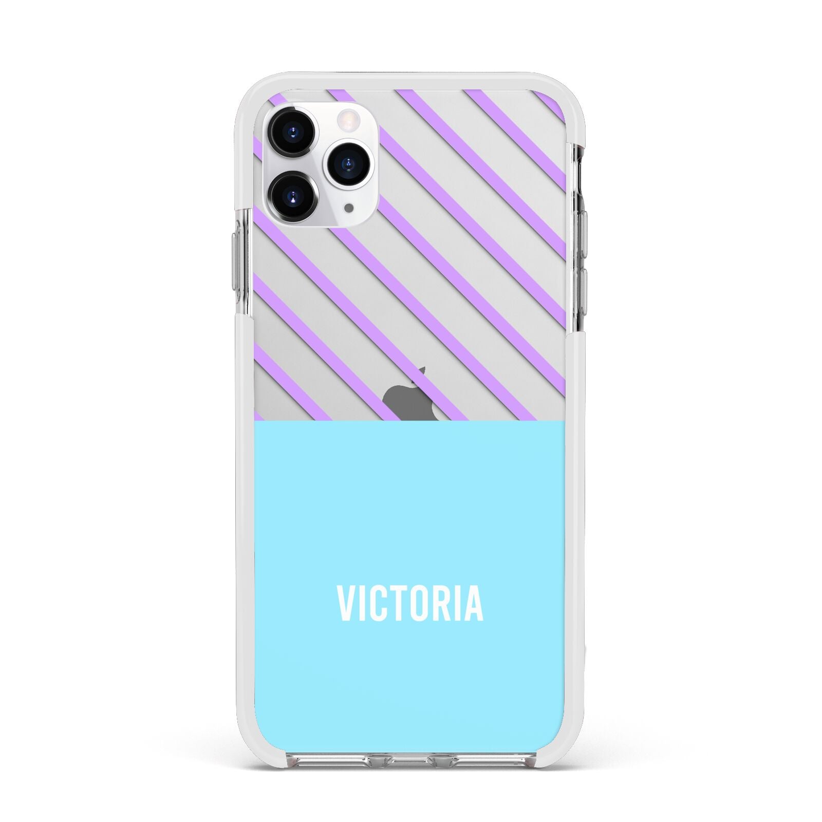 Personalised Blue Purple Stripes Apple iPhone 11 Pro Max in Silver with White Impact Case