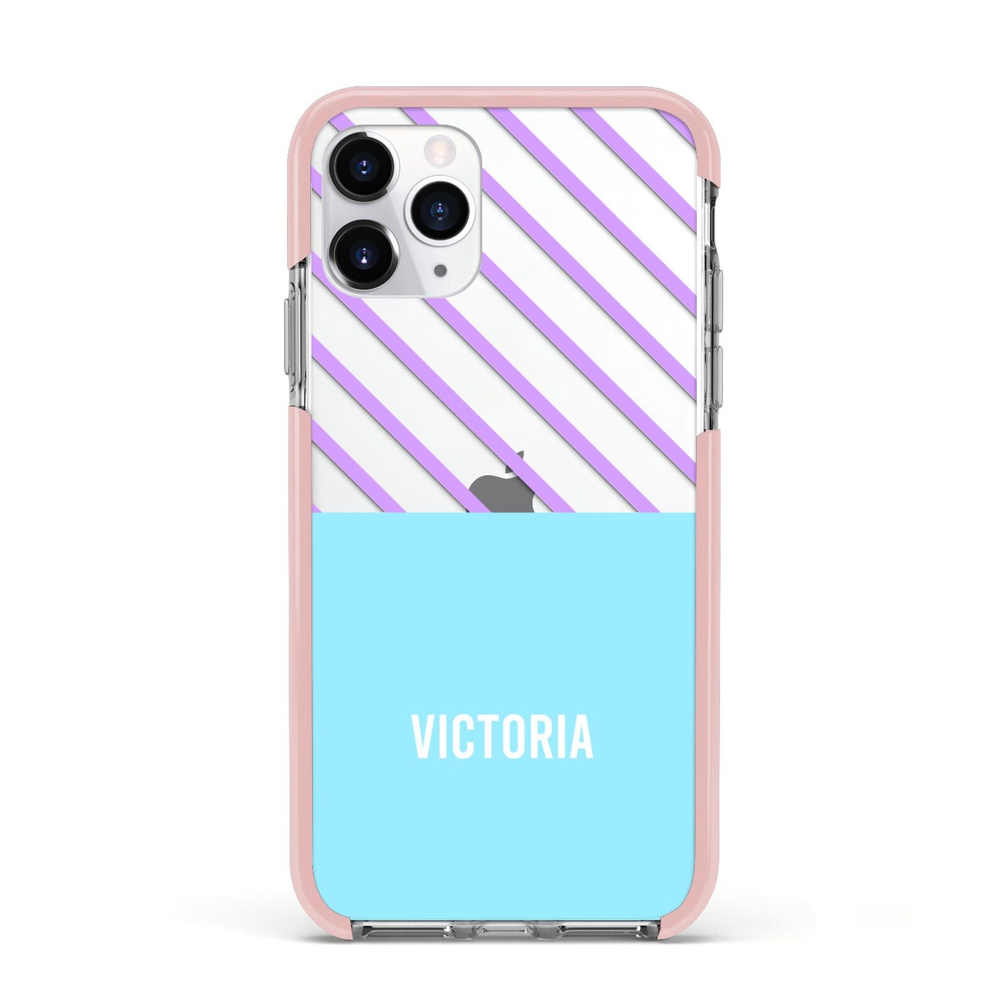 Personalised Blue Purple Stripes Apple iPhone 11 Pro in Silver with Pink Impact Case