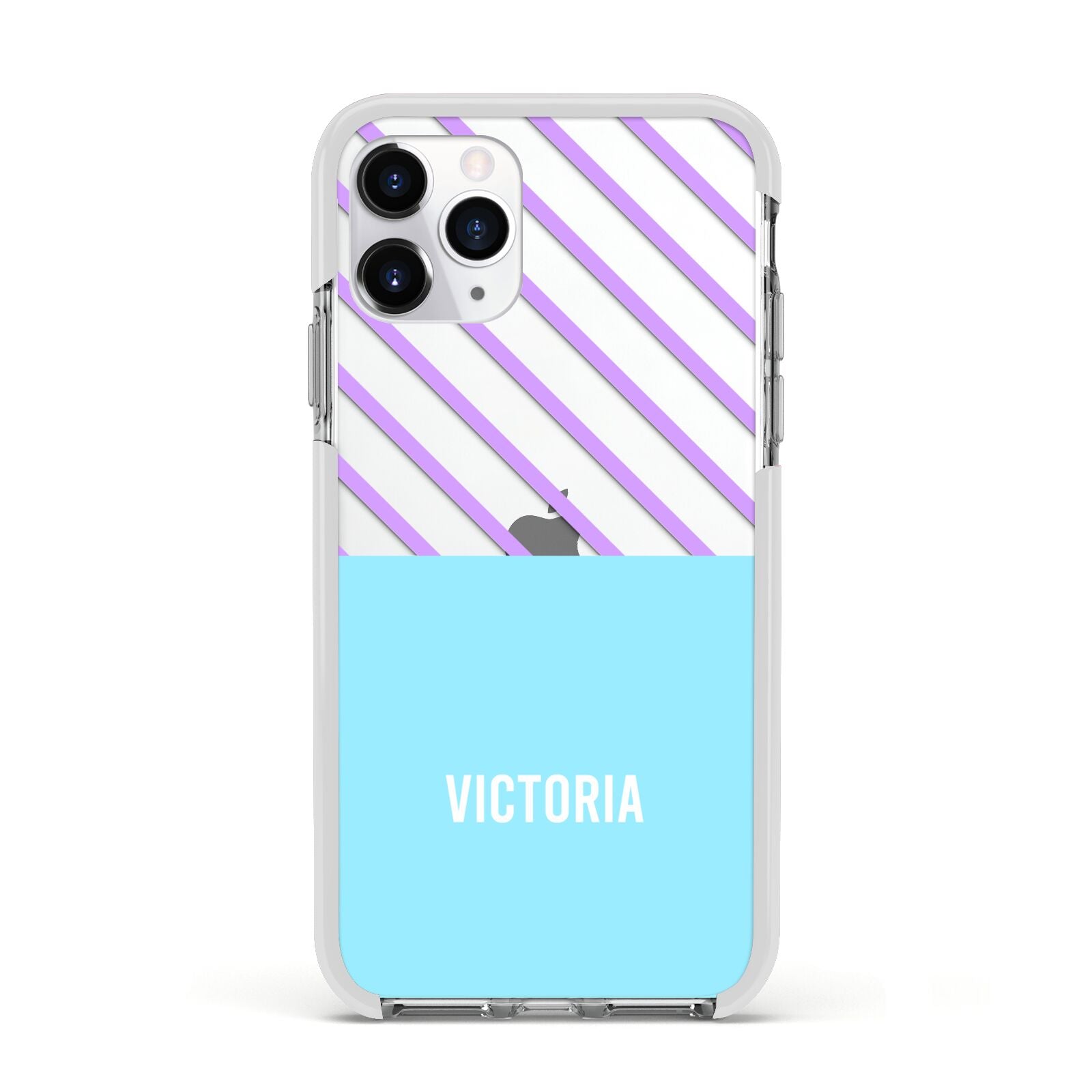 Personalised Blue Purple Stripes Apple iPhone 11 Pro in Silver with White Impact Case