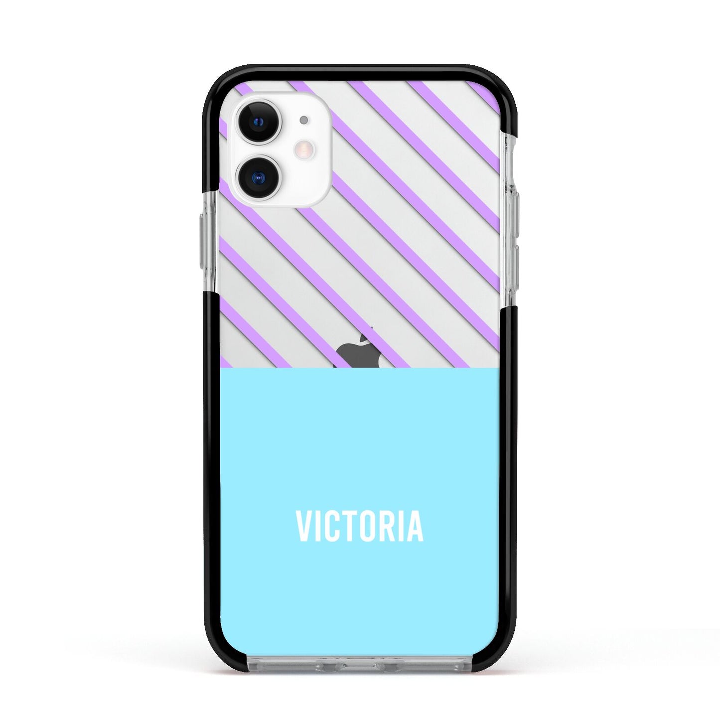 Personalised Blue Purple Stripes Apple iPhone 11 in White with Black Impact Case