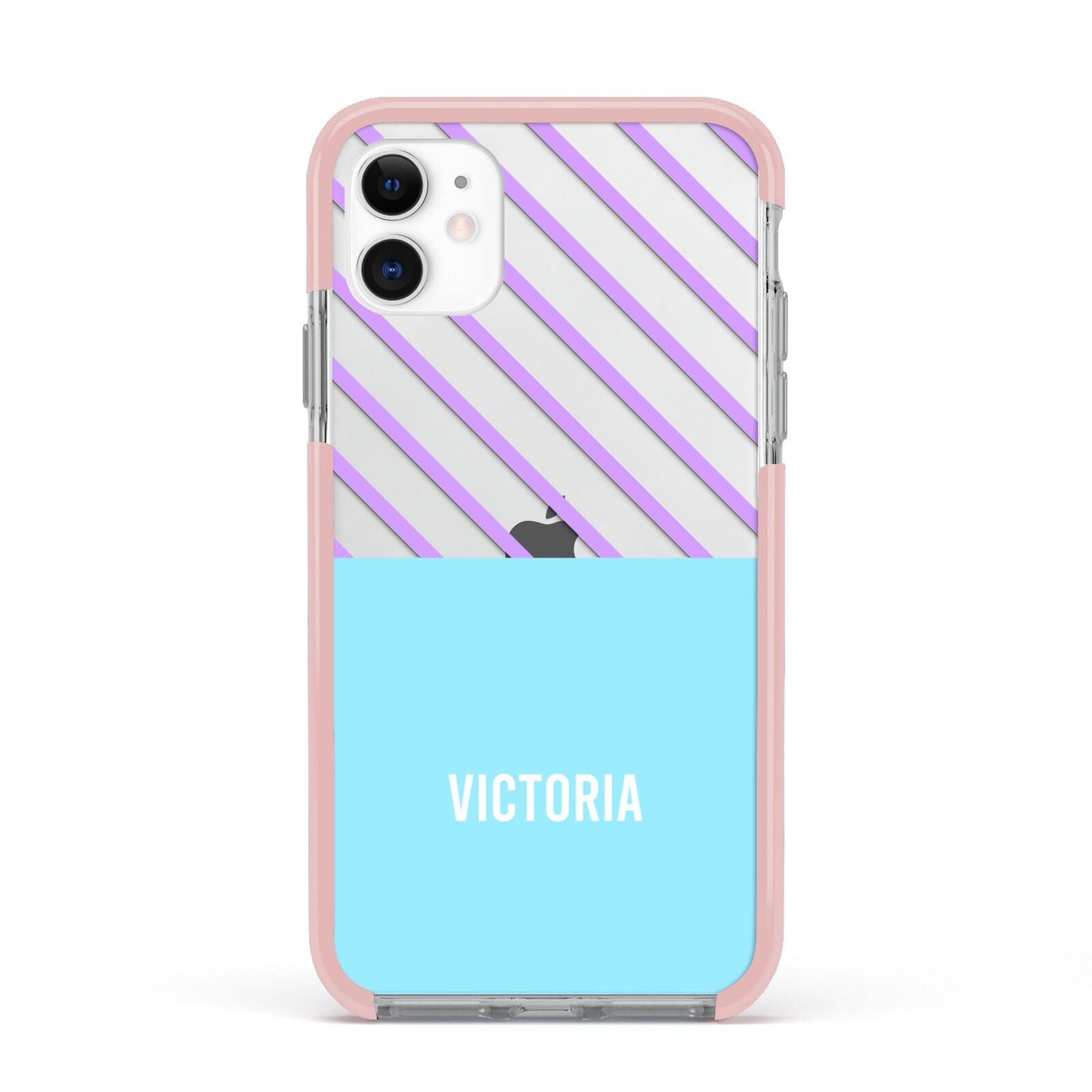 Personalised Blue Purple Stripes Apple iPhone 11 in White with Pink Impact Case