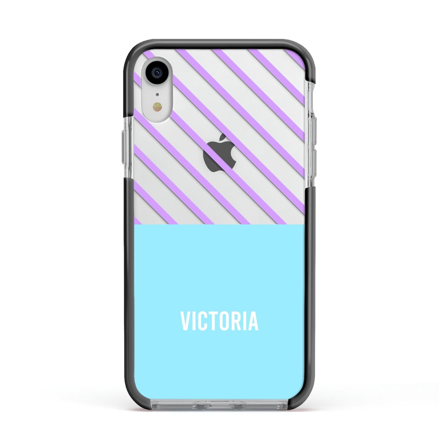 Personalised Blue Purple Stripes Apple iPhone XR Impact Case Black Edge on Silver Phone