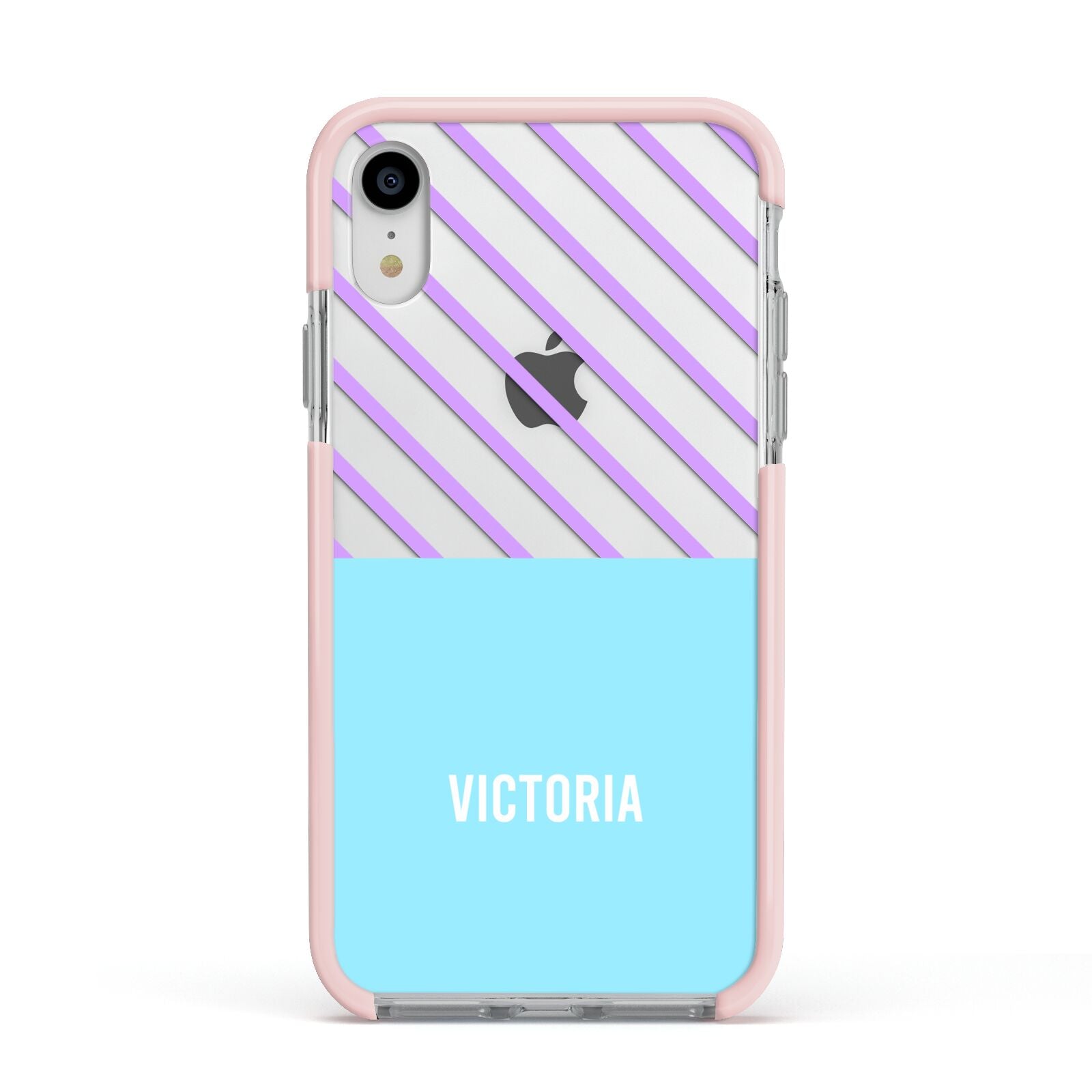 Personalised Blue Purple Stripes Apple iPhone XR Impact Case Pink Edge on Silver Phone