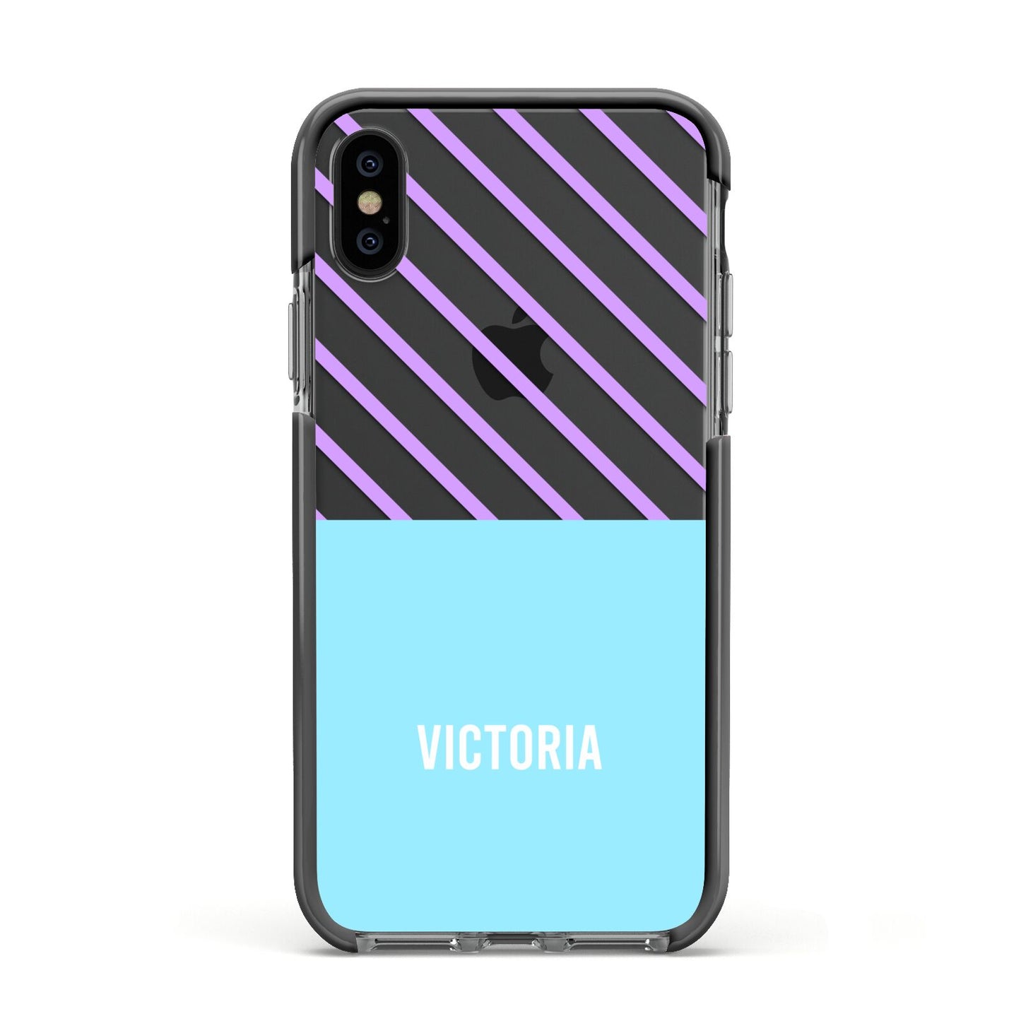 Personalised Blue Purple Stripes Apple iPhone Xs Impact Case Black Edge on Black Phone